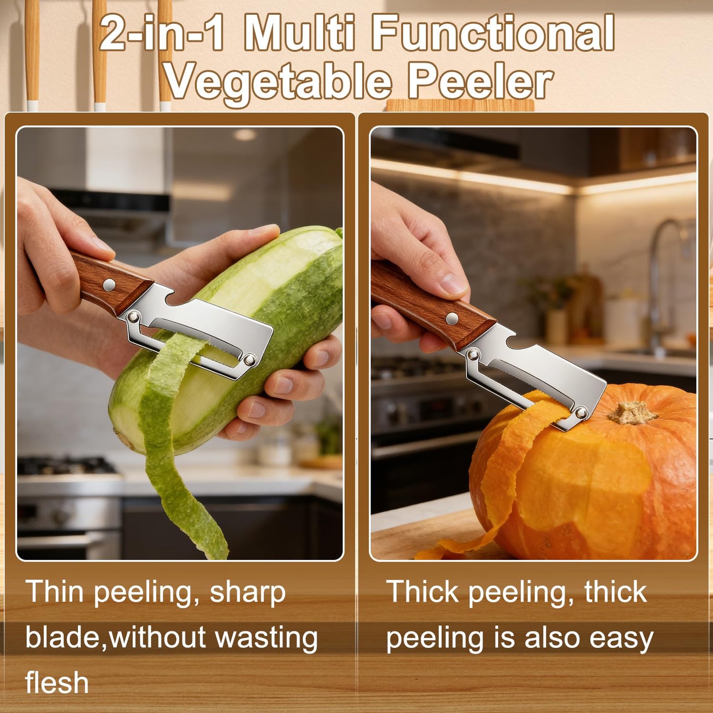 2 Pcs Multi-Functional Vegetable Peeler for Kitchen, Premium Vegetable Peeler with Wooden Handle and Bottle Opener, Stainless Steel Blade Kitchen Tool for Fruit Apple Potato Pumpkin Papaya Carrot