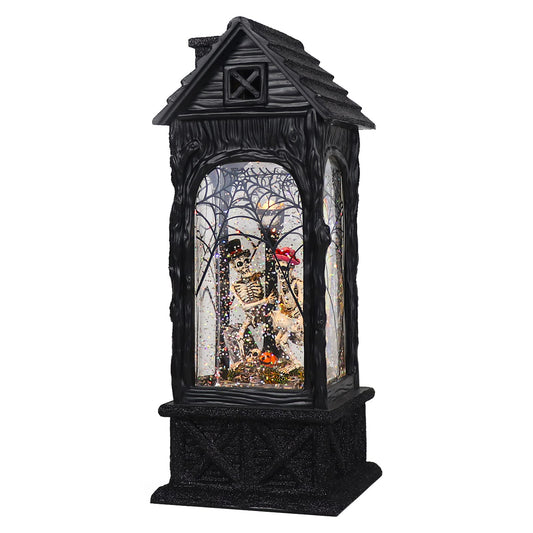 Eldnacele Halloween Ghost Projection Snow Globe Lantern with 6-Hour Timer, Lighted Plug-in & Battery Operated Water Glittering Snowing Globe Lamp for Spooky Fall Halloween Indoor Decoration(Skeleton)