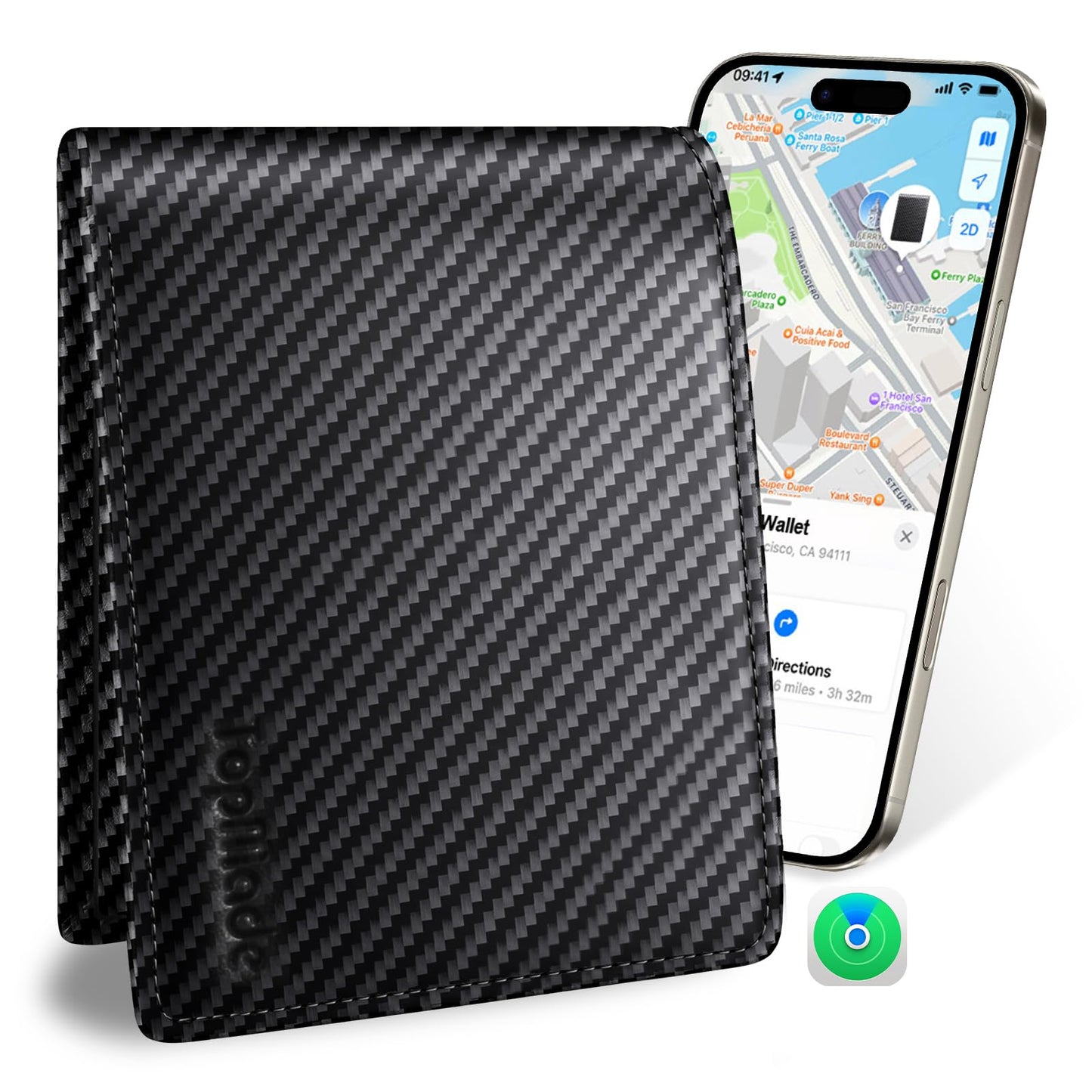 TopMade Mens Wallet with Smart Tracker, Genuine Leather Bifold Wallet Works with Find My, 13 Cards Holder with ID Window, Cash Slot, Coin Pocket, RFID Blocking, GPS Wallet Tracker, Carbon Fiber Black
