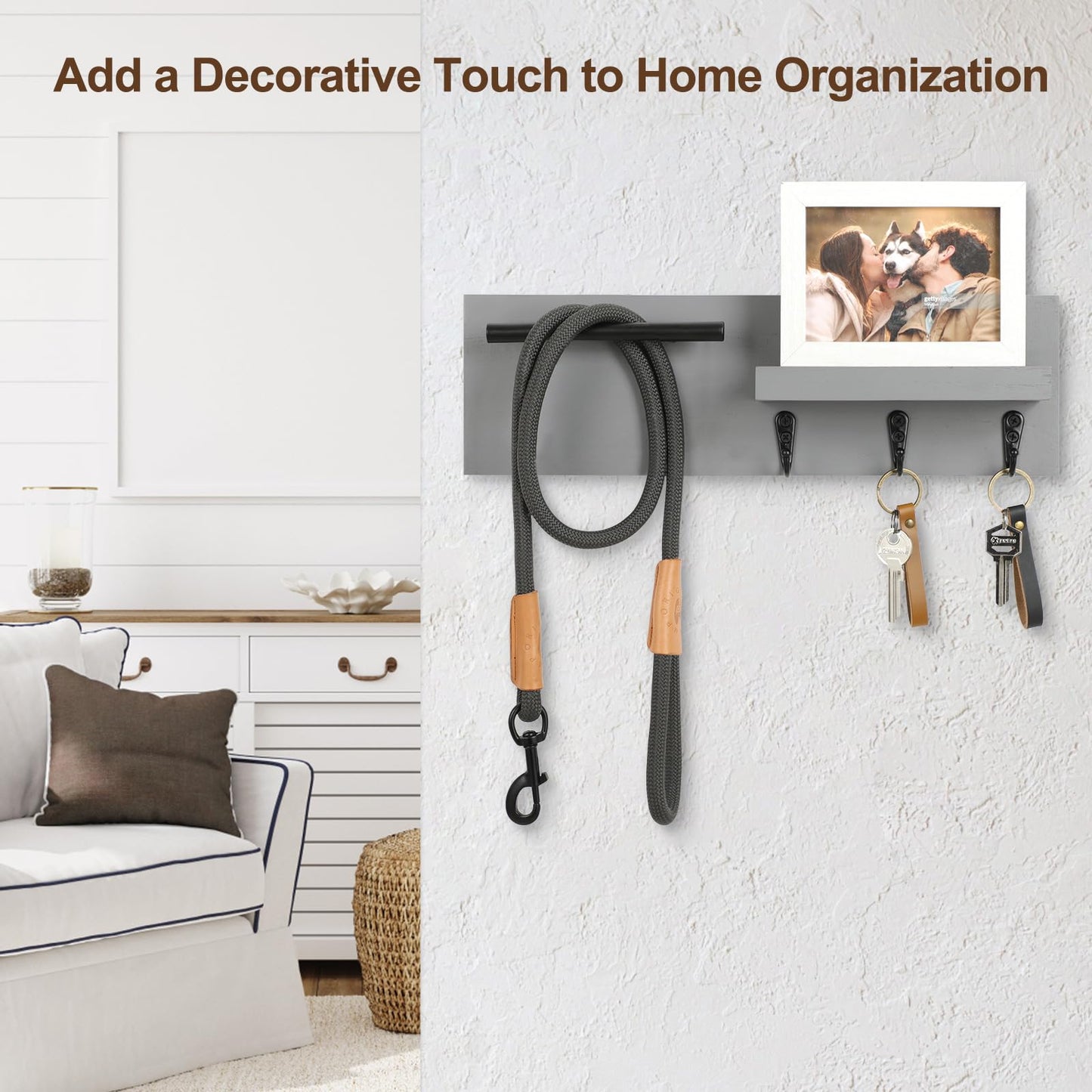 Lucundm Key Holder for Wall, Decorative Entryway Shelf with Hooks Holds Keys, Dog Leash, Sunglasses – Key Hanger with 3 Hooks Organizes, Enhances Home Decor (15” x 4.5” x 2.6”) (Grey)