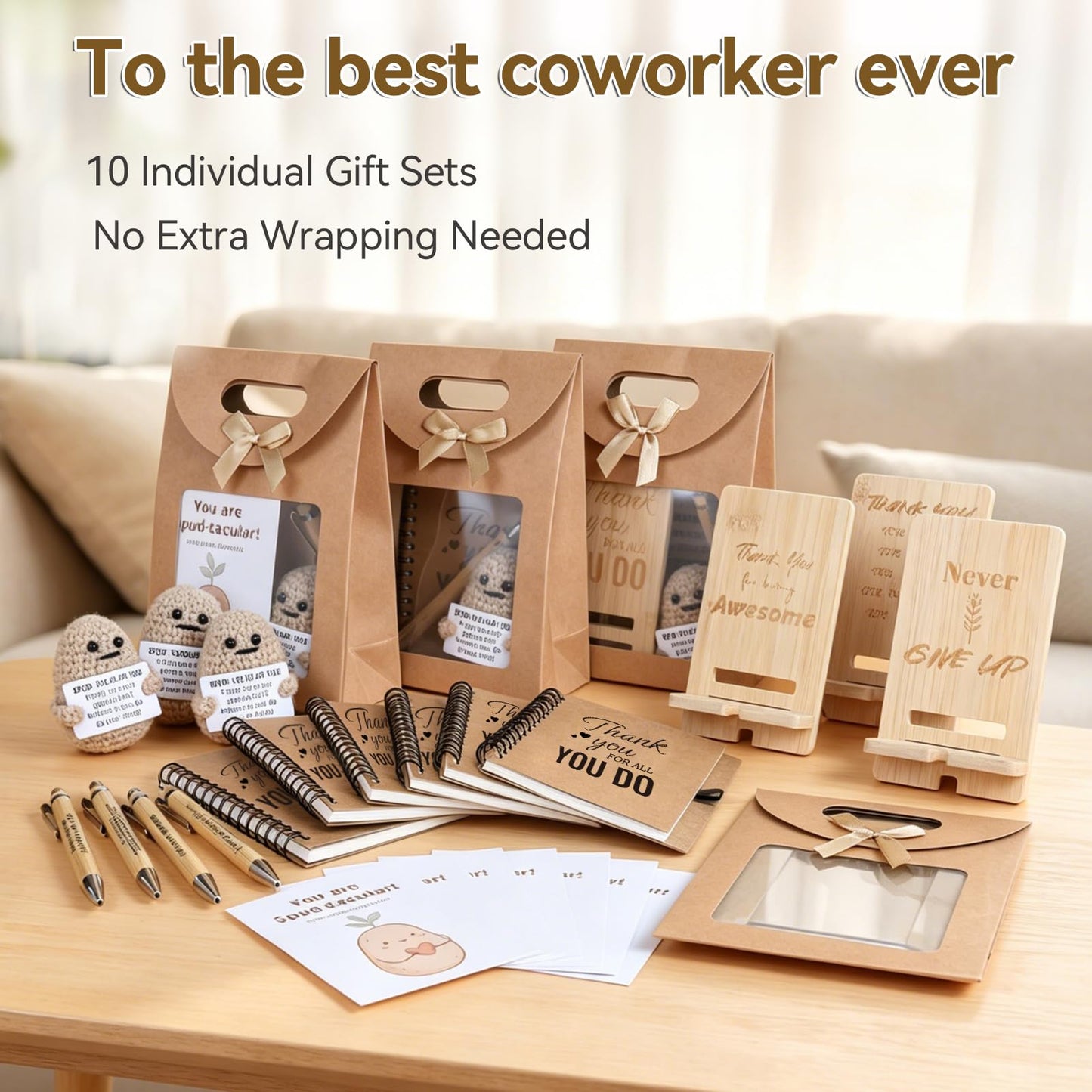 60 PCS/10 Sets Teacher Employee Appreciation Gifts Bulk – Thank You Gifts for Coworkers with Kraft Paper Gift Bags,Greeting Card,Inspirational Notebooks,Phone Stand,Team Gift for Staff, Nurse, Office