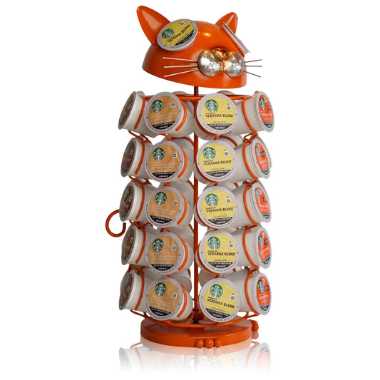Made Easy Kit Carousel Coffee Pod Holder, Compatible with Keurig K-Pods K-Cups, Countertop Rack Storage Organizer, Metal Home and Kitchen Decor, Capsule Café Station Bar (Large, Orange Cat)