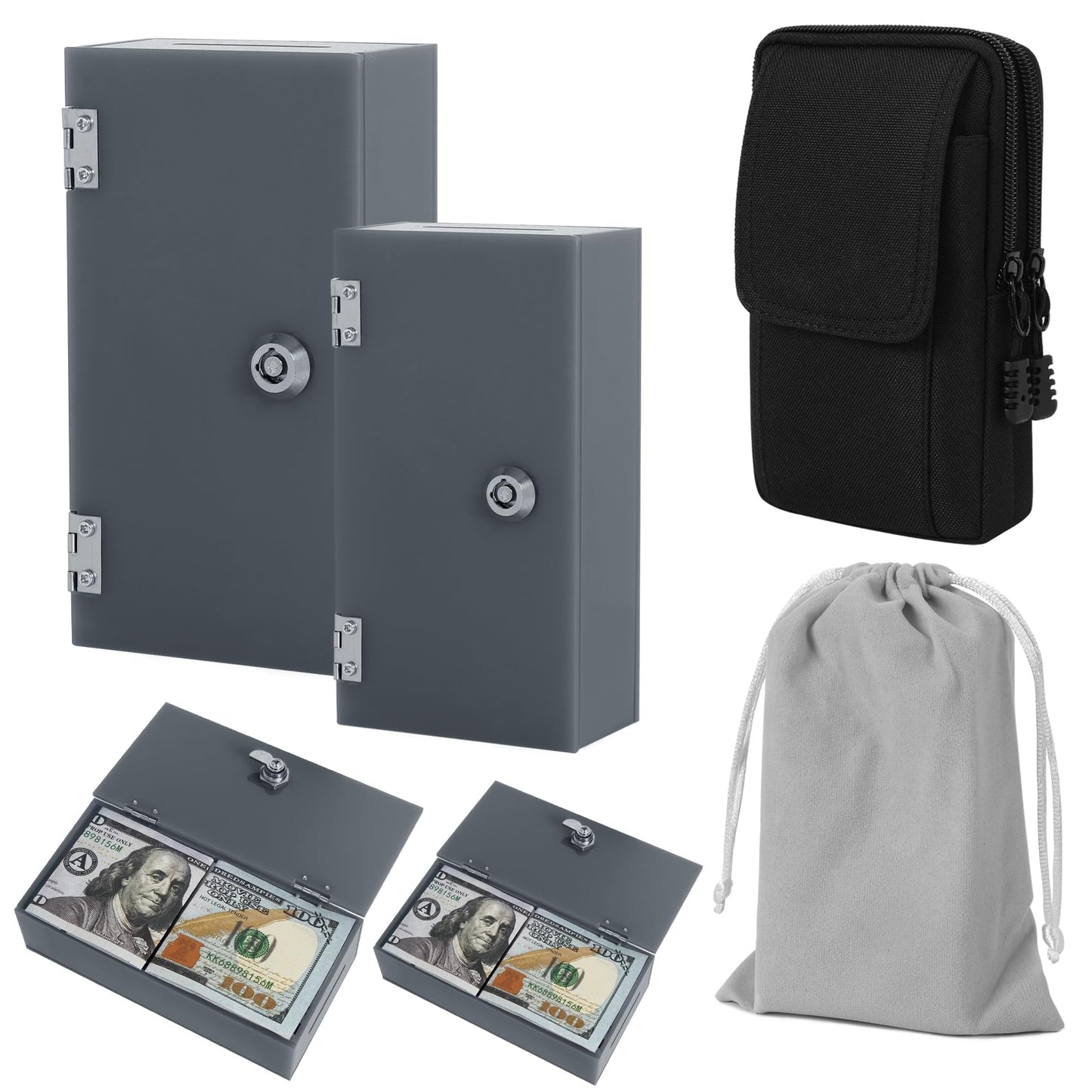 Acrylic Cash Box for Gambler 2 Pack Large and Small, Grey Winners Bank with Keys, Slot, Storage Bag, Waist Bag, Portable Casino Money Organizer Safe Lock Box for Gamblers, Christmas Gift for Men