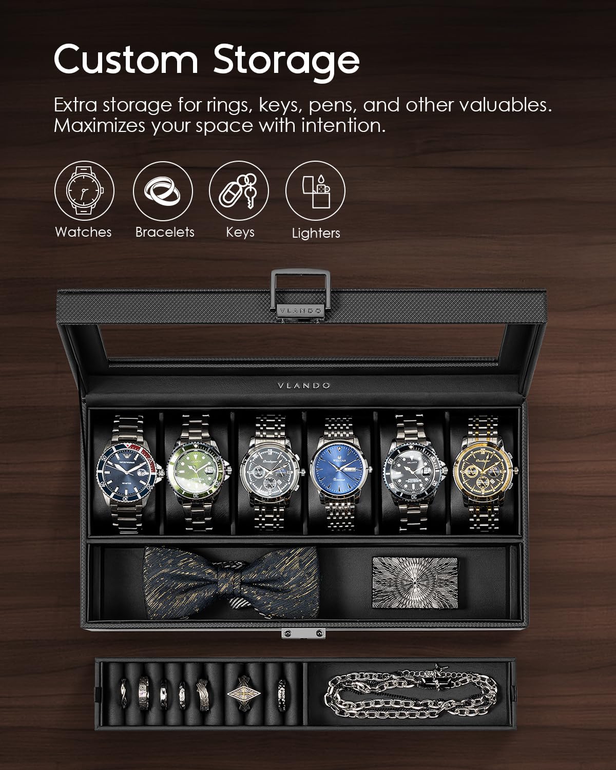 Vlando 6-Slot Watch Case for Men, Watch Box with Glass Lid, Storage for Rings, Keys, Business Textured Leather Organizer Display Case, Soft Pillow, Gifts for Fathers, Dad, Husband - Black