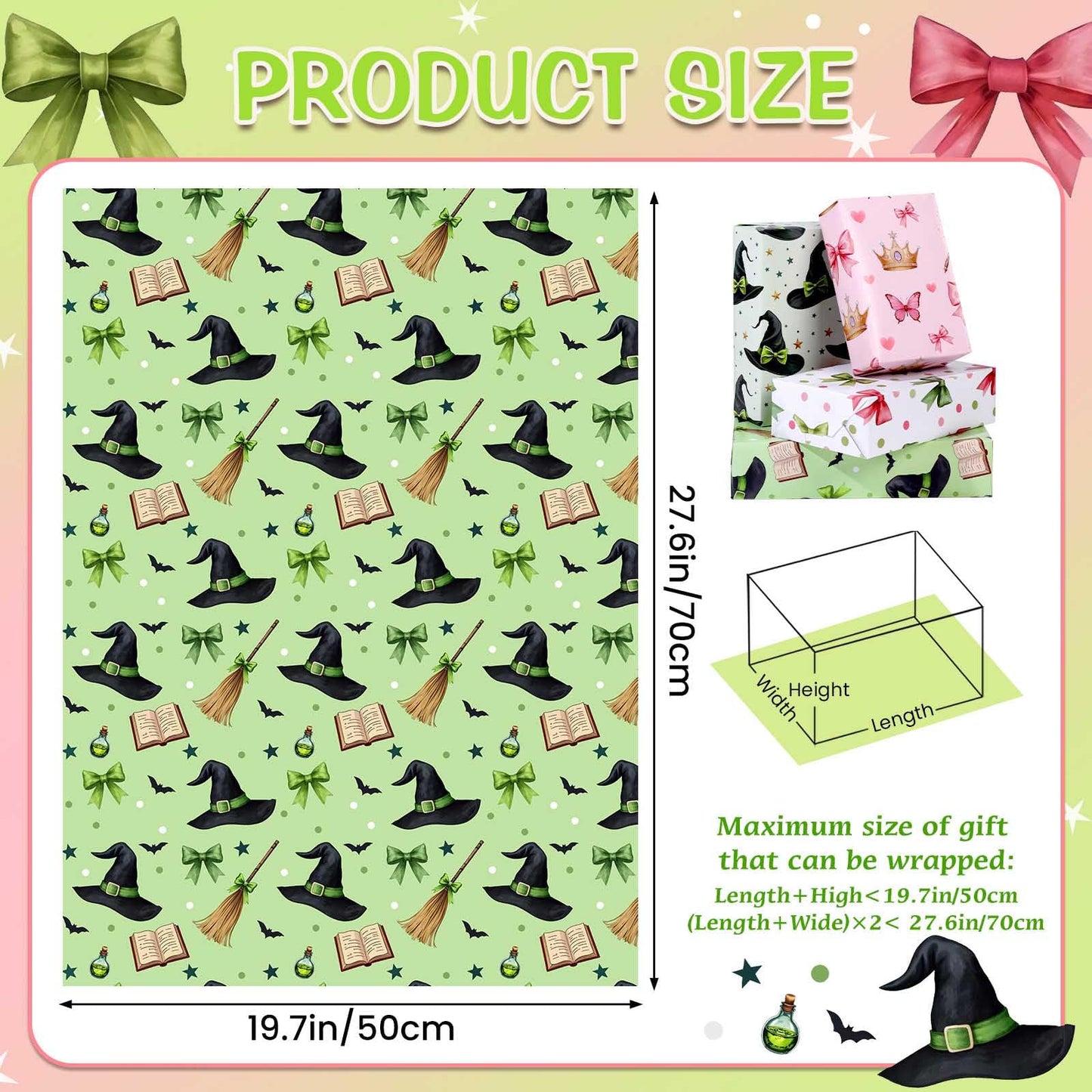 Pineraap 12 Sheets Witch Wrapping Paper, Pink and Green Gift Wrap - Watercolor Bow Crown Witch Hat Broom Print Gift Packing Paper for Girls Women Birthday Princess Themed Party, 19.7 x 27.6 Inch