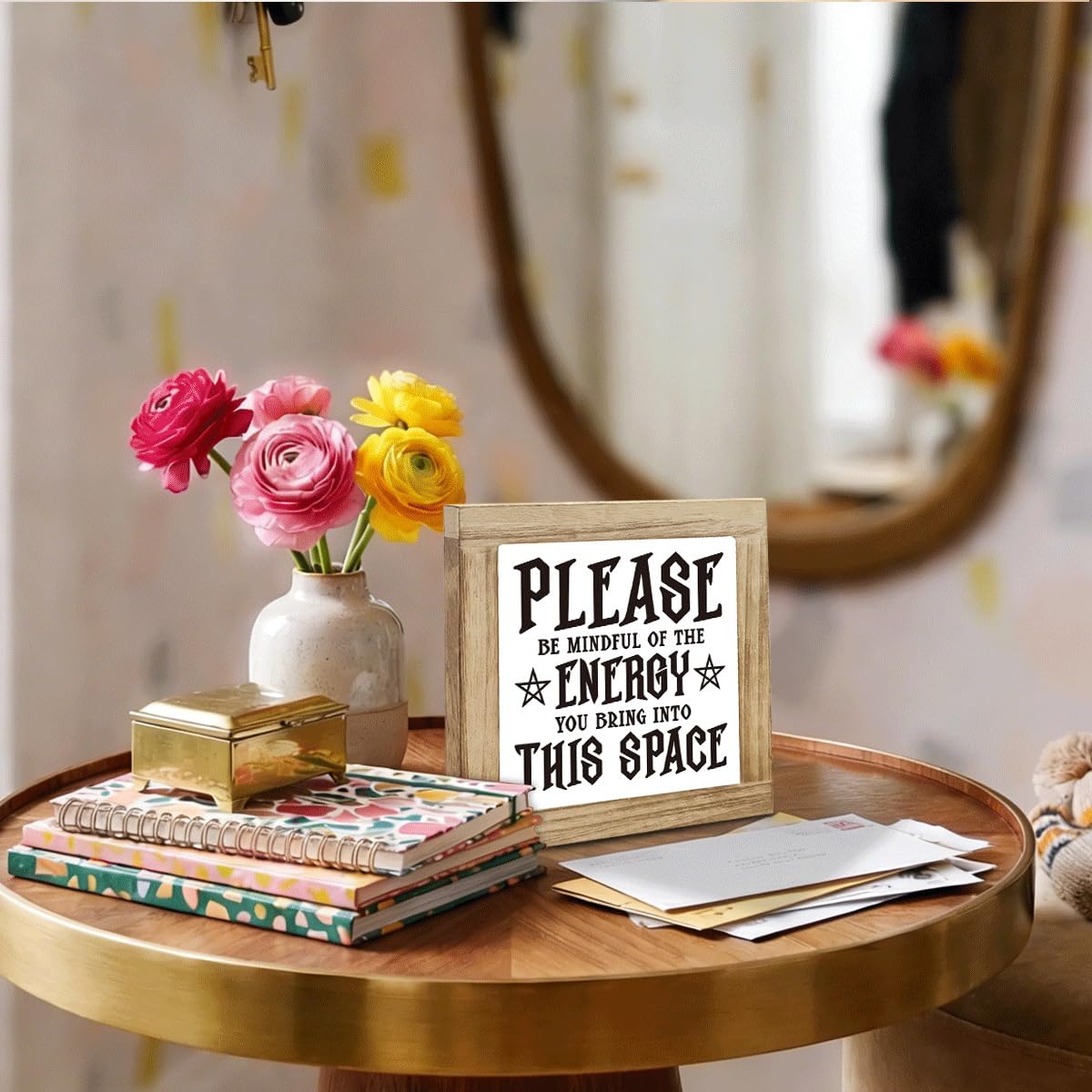 Please Be Mindful of The Energy You Bring into This Space Sign, Country Style Wooden Box Sign, Interesting Home Decoration for Desktop Shelf Gift for Friends 5.9X5.9X0.7 inches