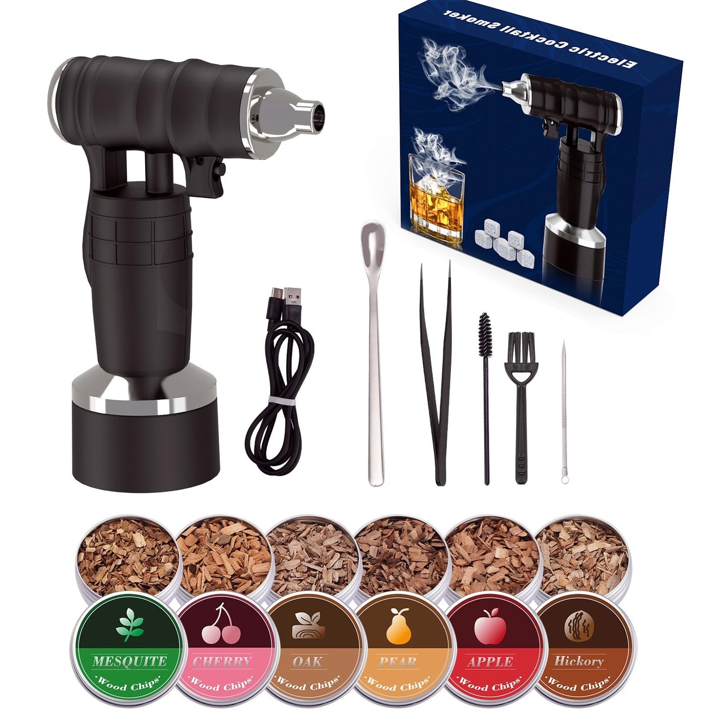 Whiskey Smoker Electric Set Bourbon Christmas Gifts for Men Old Fashioned Smoker Drink With 6 Wood Chips and 6 Whiskey Stones Food and Cocktail Smoked Kitchen Bar Tools Cool White Elephant Gifts Black