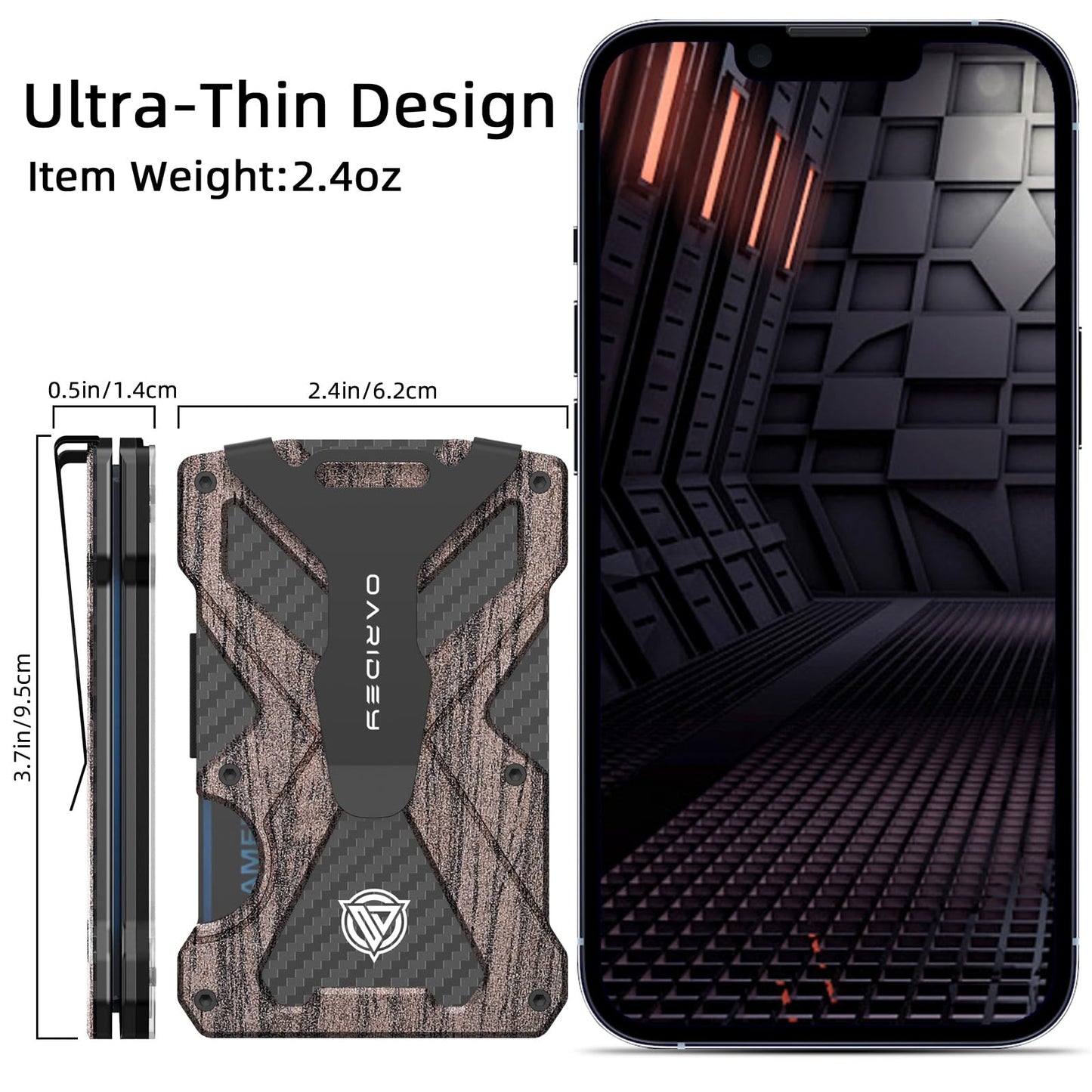 Minimalist Wallet for Men- Slim Aluminum Metal Money Clip Wallet with Clear ID Card Holder, Carbon Fiber Wallet, RFID Blocking,Holds up 15 Cards with Cash Clip,Ultra-Thin Tactical Wallet - Walnut Wood