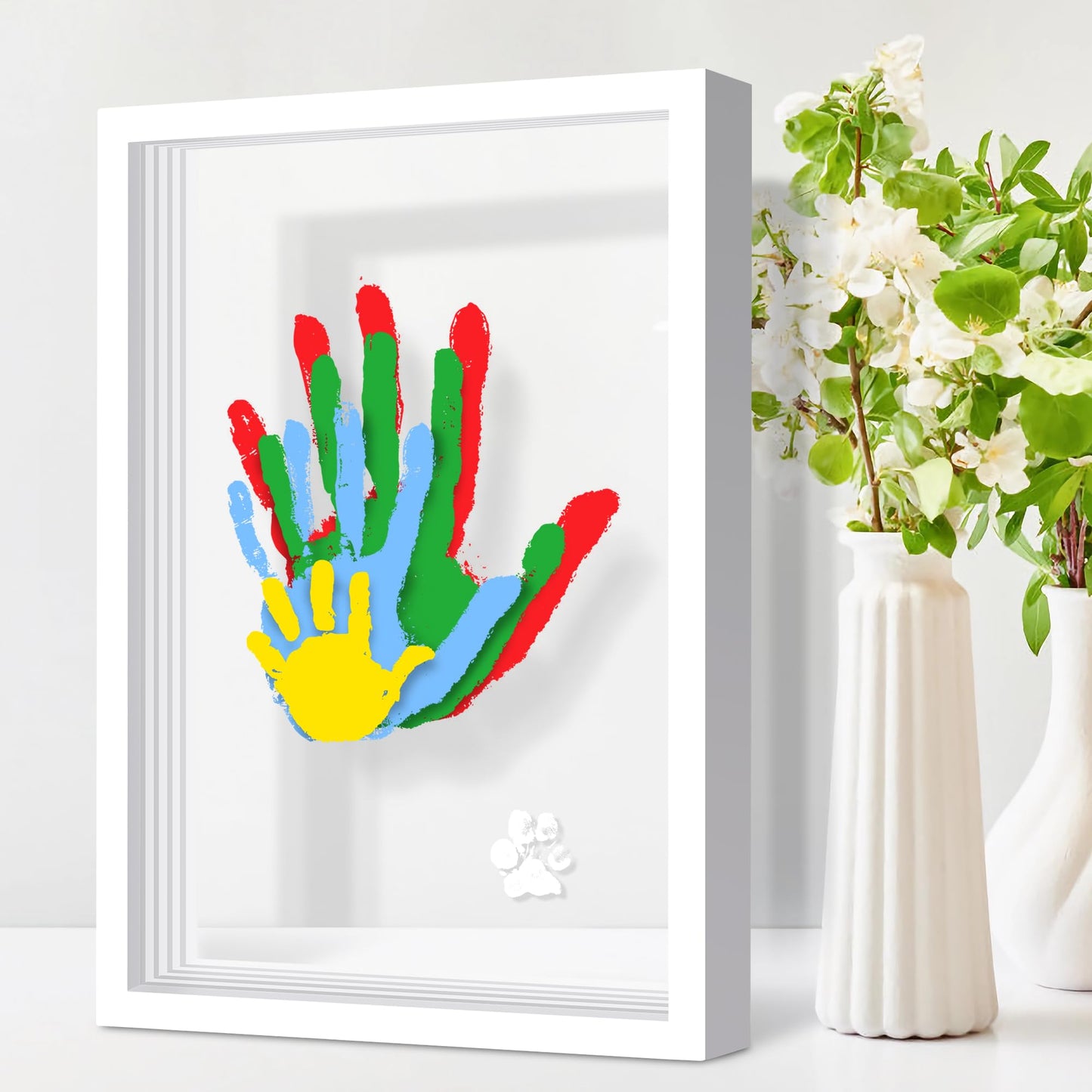 Omrhvi Family Handprint Kit, Hand Prints Keepsake Frame, DIY Craft Gift for New Parents & Mom & Baby, Grandparents, Mother's Day, Father's Day, Adoption Day, Anniversary, 6 Non -Toxic Paints (White)