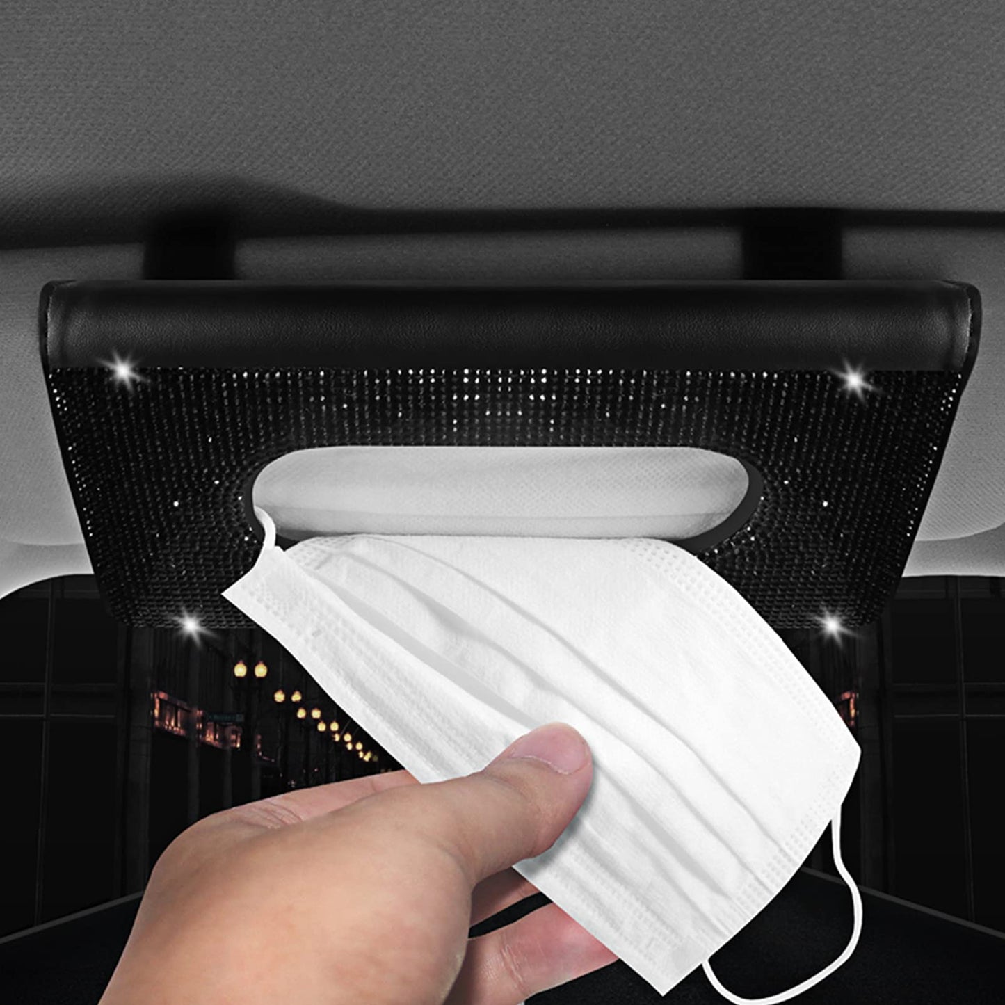 【2024 Upgraded】 Bling Car Sun Visor Tissue Box with Refills Paper Towels, PU Leather Backseat Mask Case,Crystal Sparkling Napkin Holder, Handmade Decoration Accessories for Women,Girls,Ladies as Gift