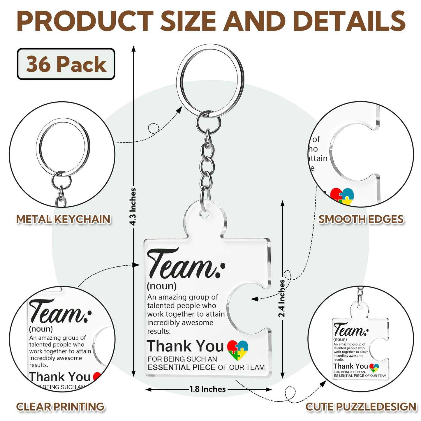 VZZNN Employee Appreciation Gifts – 36 Pack Team Gifts for Employees, Thank You Keychain Set for Staff, Teachers, Volunteers, Teamwork Gift Office Puzzle Piece Acrylic Keychains