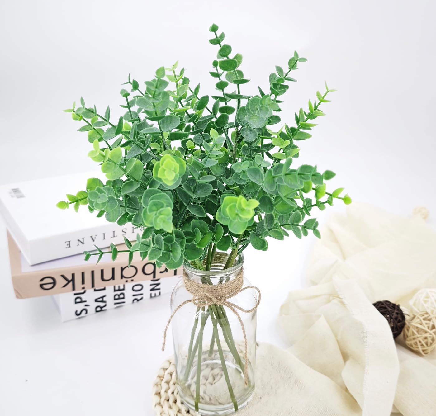 gonfaci Fake Eucalyptus Stems in Glass Vase with Faux Water, 14" Artificial Plants Eucalyptus Leaves for Shelf Desk Bathroom Farmhouse Room Coffee Table Home Decor (Sage Green)