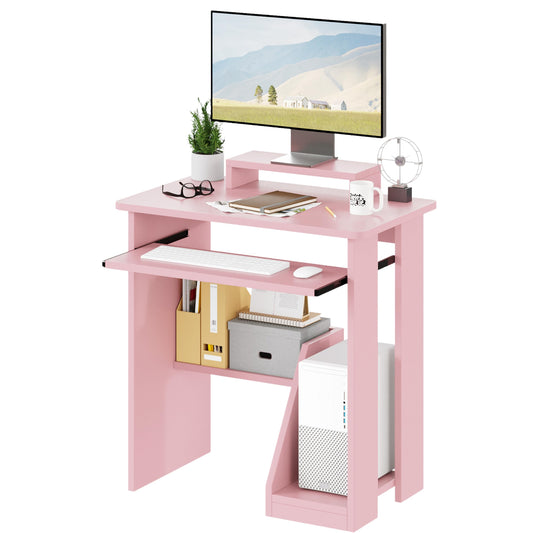 ALISENED 30" Small Computer Desk with Keyboard Tray Monitor Stand, Study Writing Desk with Storage Shelves, Modern Workstation for Small Spaces, Save Space, Pink