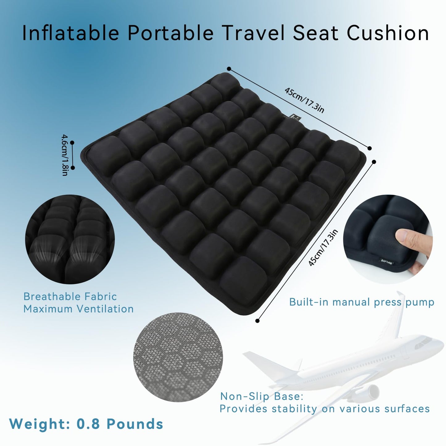 seektik Upgraded Inflatable Travel Seat Cushion for Airplane and Car, Portable Air Cushion for Long Flights, Office Chair and Wheelchair, Pressure Relief Seat Pad for Sitting Comfort