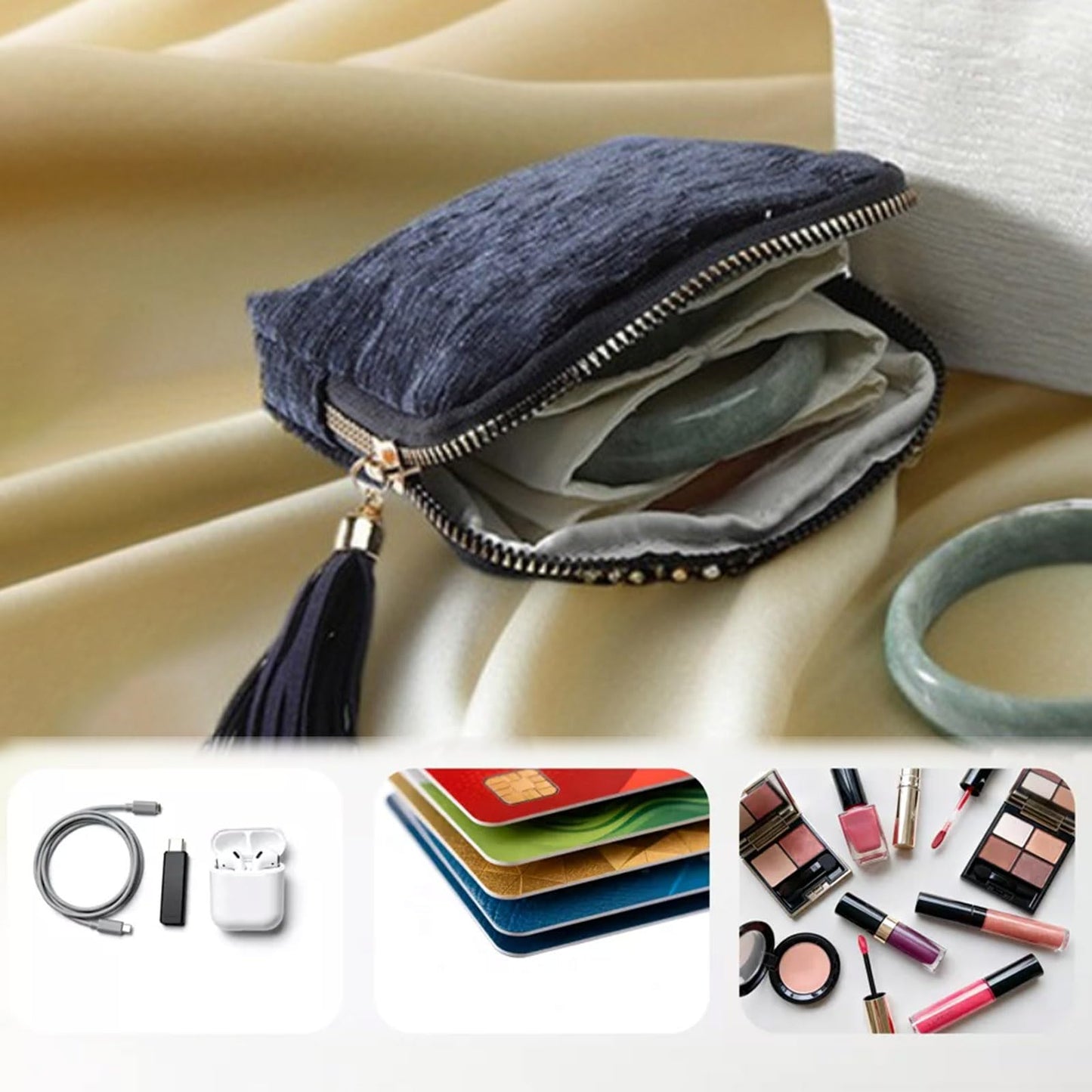 Iosjeude Small Travel Jewelry Case Organizer for Women Portable Jewelry Box with Small Pouches for Gemstones Healing Crystal Bracelets, Necklace Bangles Storage, Gift Ring Holder, Blue Tassel