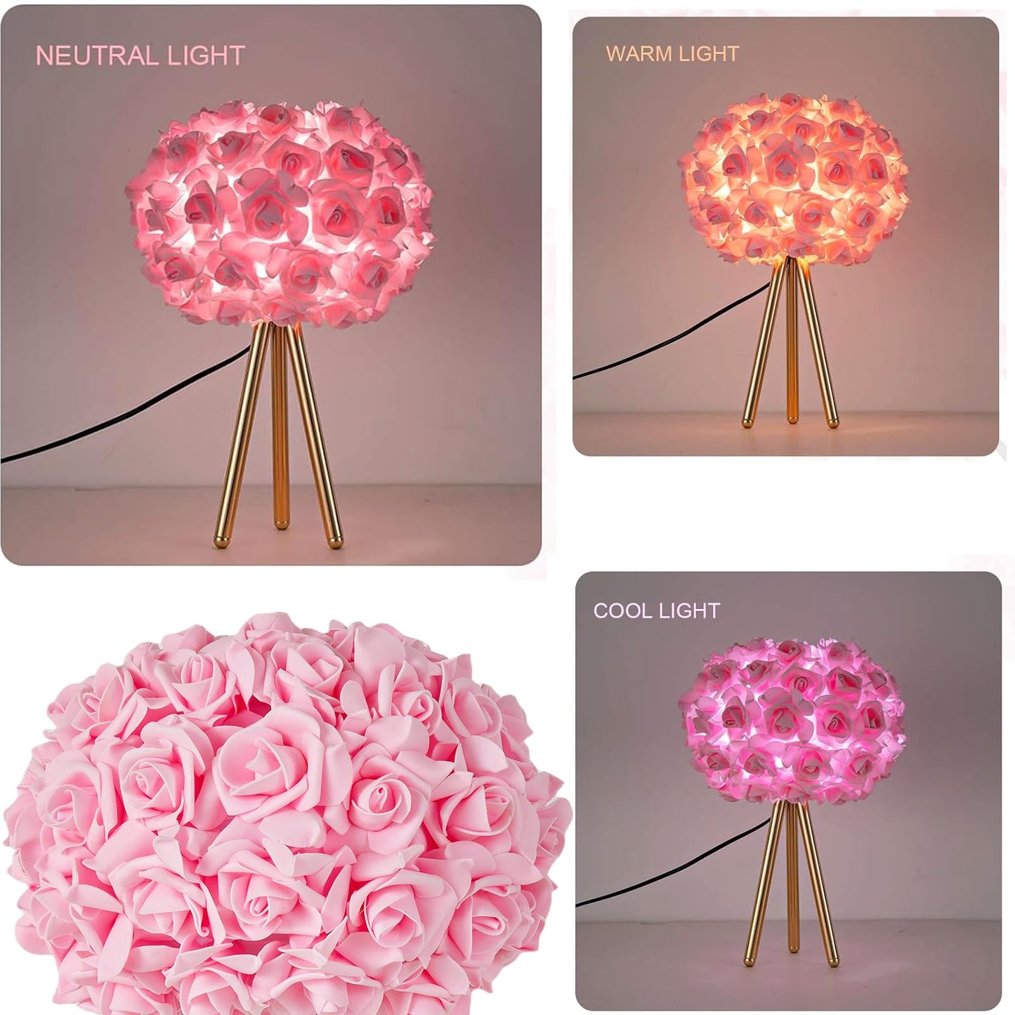 ZYLEISENBAO Pink Rose Flower Lamp Cute Table Lamp Modern Bedside Lamp Romantic Nighstand Light for Girl Princess Gold Tripod for Bedroom Living Room Entry Office Wedding Decoration Gift