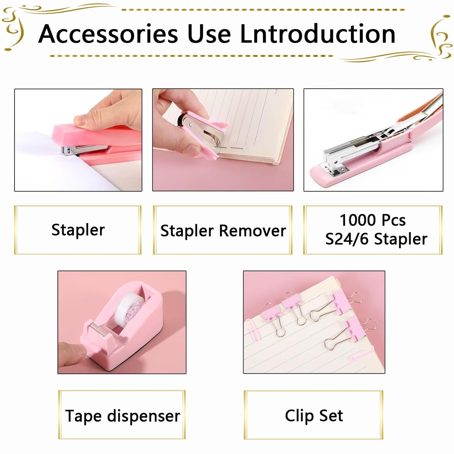Office Supplies,Pink Desk Accessories, Stapler and Tape Dispenser Set for Women with Stapler,Tape Dispenser,Staple Remover,Staples,Clips,Scissors and Tabs,Gift for Students,Coworkers,Teacher,Business
