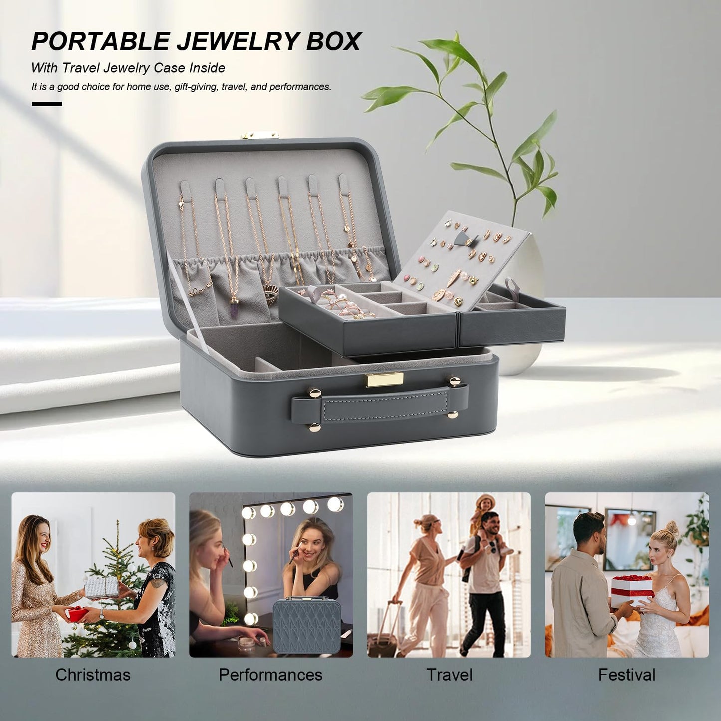 V-LAFUYLIFE Travel Jewelry Case Large Jewelry Box Jewelry Travel Organizer Jewelry Case with Handle Removable Tray Best Gift for Women Girls (Grey)