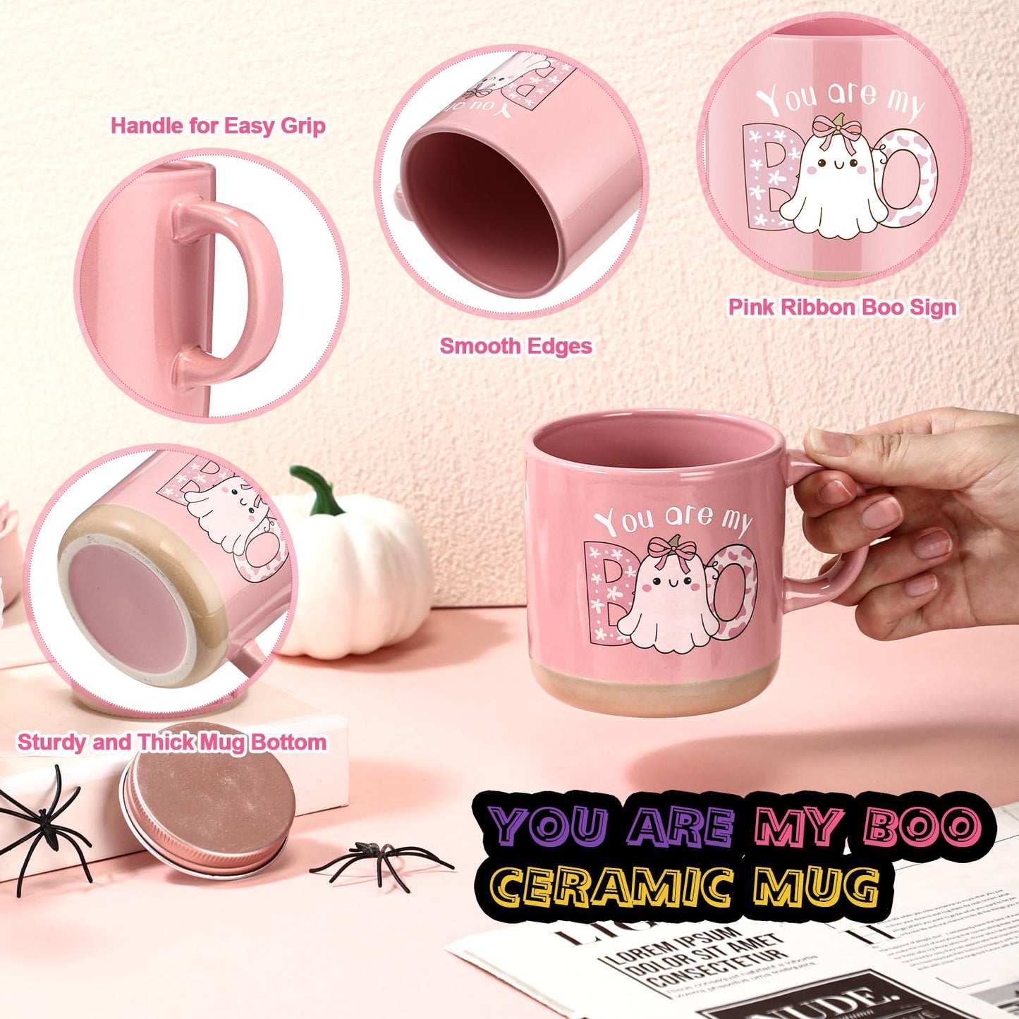 Roshtia 1 Set 7pcs Valentines You're My Boo Basket Gifts for Girlfriend You're My Boo Pink Ghost Handbag Throw Blanket Coffee Mug Candle Jar Spiral Journal Pen Card(Halloween)