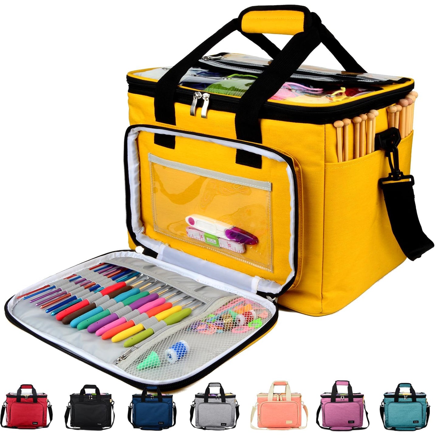 Hoshin Knitting Bag for Yarn Storage, High Capacity Yarn Totes Organizer with Inner Divider Portable for Carrying Project, Knitting Needles(up to 14”), Crochet Hooks, Skeins of Yarn (Yellow)