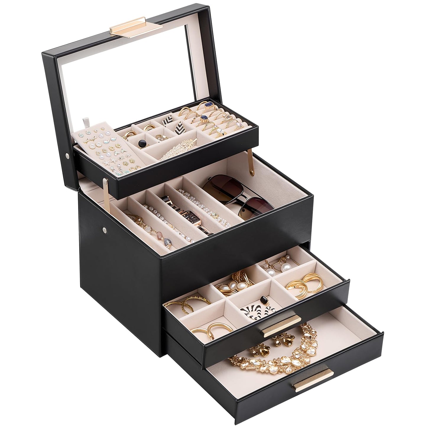 Lolalet Jewelry Box, Clear Window Jewelry Organizer with Drawer for Earrings Bracelets Necklaces Rings, Jewelry Storage for Women -Black, 4 Layers