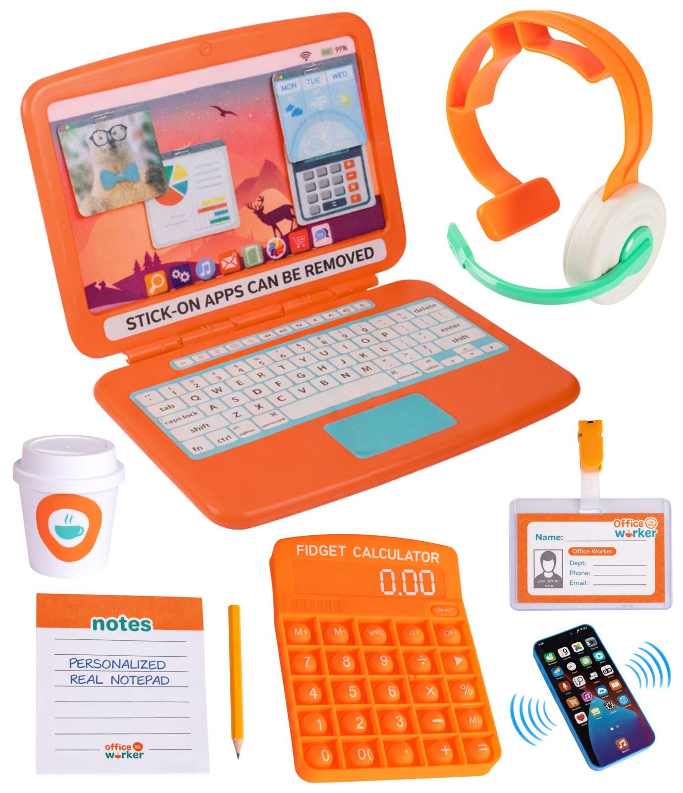 Born Toys Office Toddler Pretend Play Sets for Kids Ages 3+, Imaginative Pretend Play Set for Boys & Girls, 9-Piece Work Pretend Play Toys with Toy Laptop, Pretend Headset, Toy Phone, Gift Ready Bag