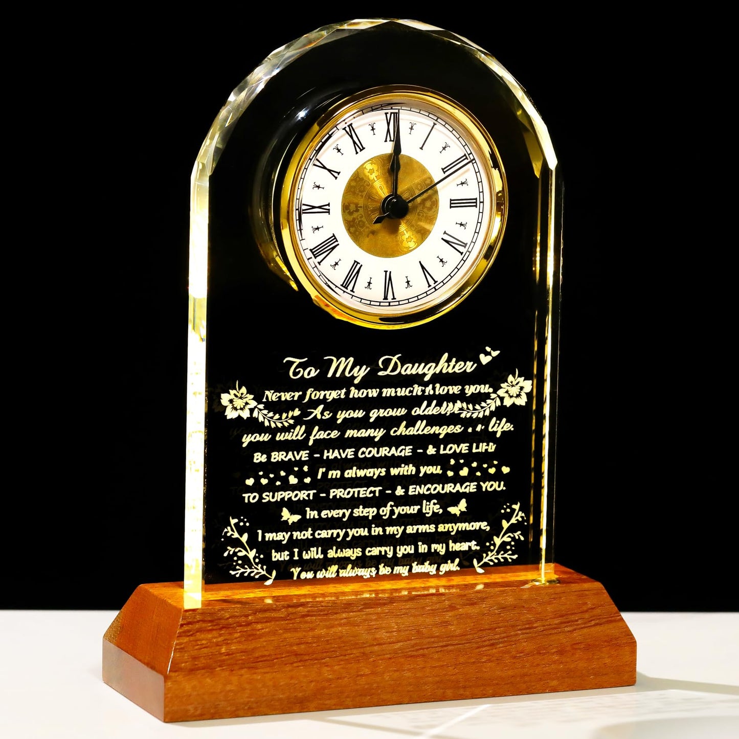 Arikyrist Daughter Gifts from Mom Dad Glass Daughter Clock with Wooden LED Light Base Inspirational Birthday Christmas Graduation Gift for Daughters Lovely Decor for Table Home