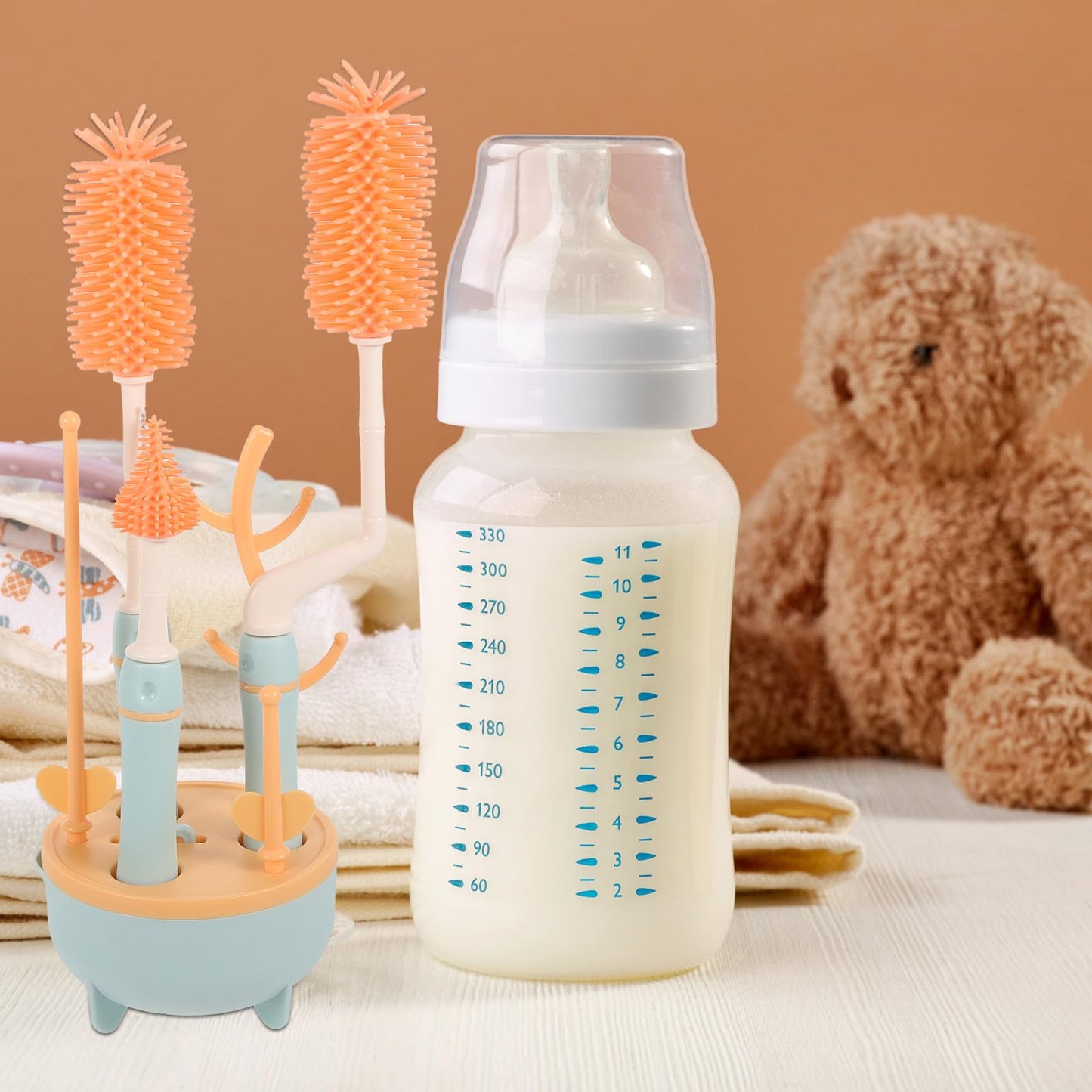 NAMOARLY Bottle Brush Set with Straw Cleaner and Pacifier Brush for Feeding, Blue Plastic Handle, Multi-Piece Household Bottle Cleaning Kit with Drying Stand for Travel and Daily Use