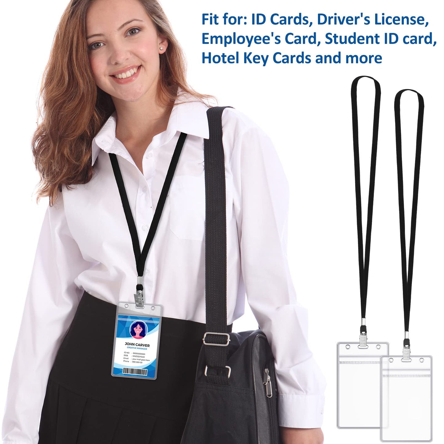 Marspark 200 Pcs ID Badge Holder with Lanyard Lanyards for ID Badges Resealable Flat Neck Name Tag with Clip Waterproof Plastic Clear Badges Bulk for School Office Supplies (Black)