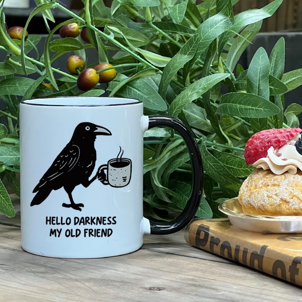 Kadiak Novelty Crow Mug Gift for Bird Lovers and Coffee Lovers 11oz - Hello Darkness My Old Friend, Bird Mug， Funny Raven Crow Coffee Mug Gifts for Women Men
