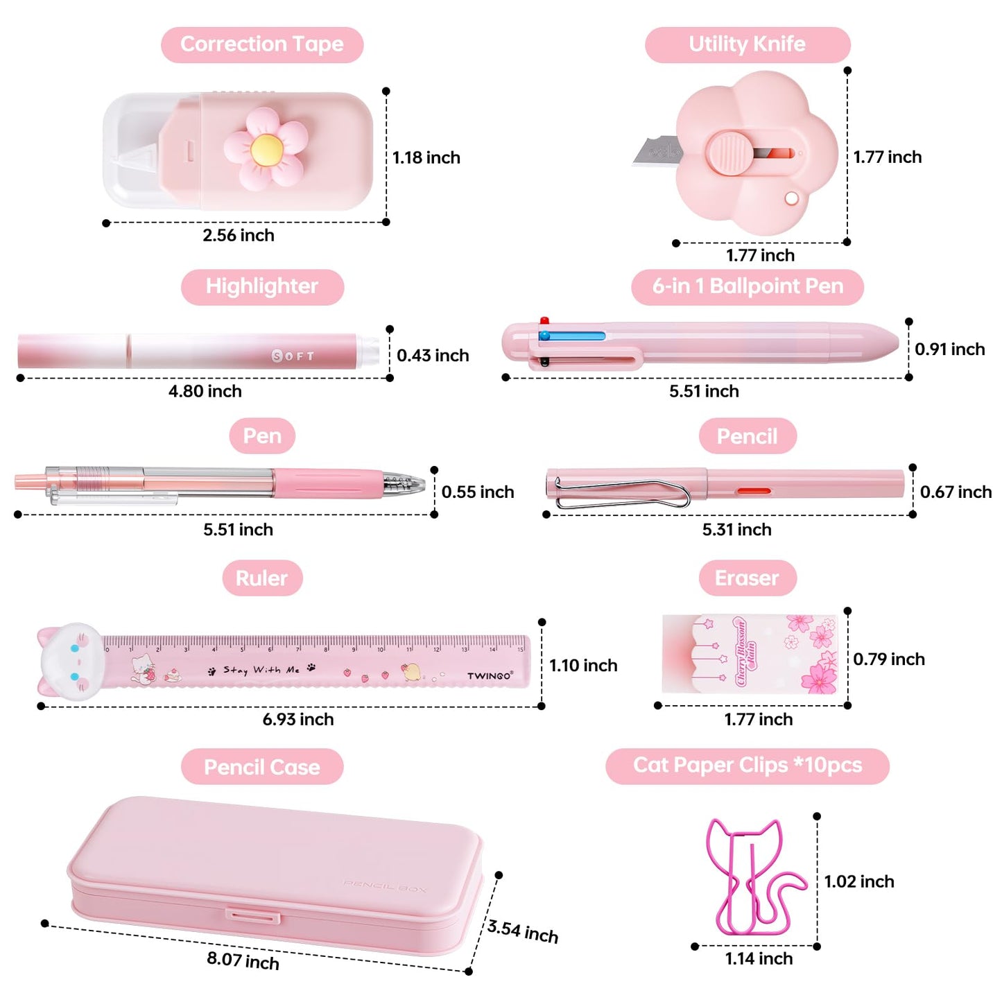 11 in 1 Pink Axolotl Stationery Gifts Set School Supplies for Kids, Kawaii Stationery Kit Axolotl Office Supplies with Pencil Case, Pens & Sticky Notes Set Correction Tape Ruler Utility Knife Cat Clip