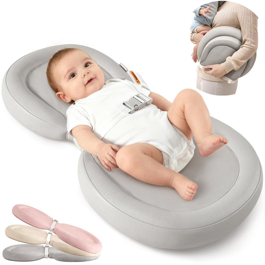 Waterproof Peanut Baby Changing Pad, Foldable Travel On-the-Go for Dresser & Changing Table, Wipe-Clean PU Diaper Pad with Non-Slip & Adjustable Safety Belt, 24"x16", Gray