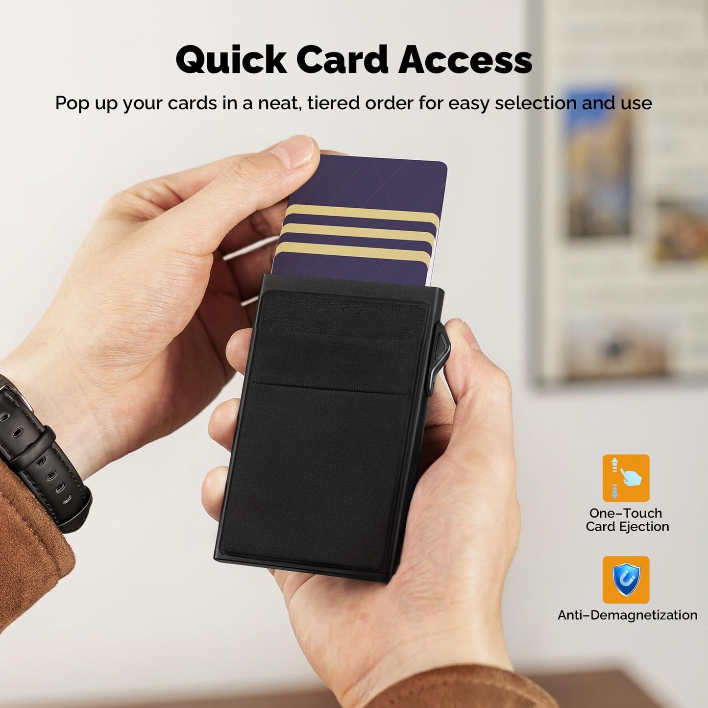 YESIIW Slim Wallet for Men - Pop up Card Holder RFID Blocking Minimalist Business Credit Card Wallet with Money Pocket Metal Card Case for Notes and Coins and Debit Cards Black
