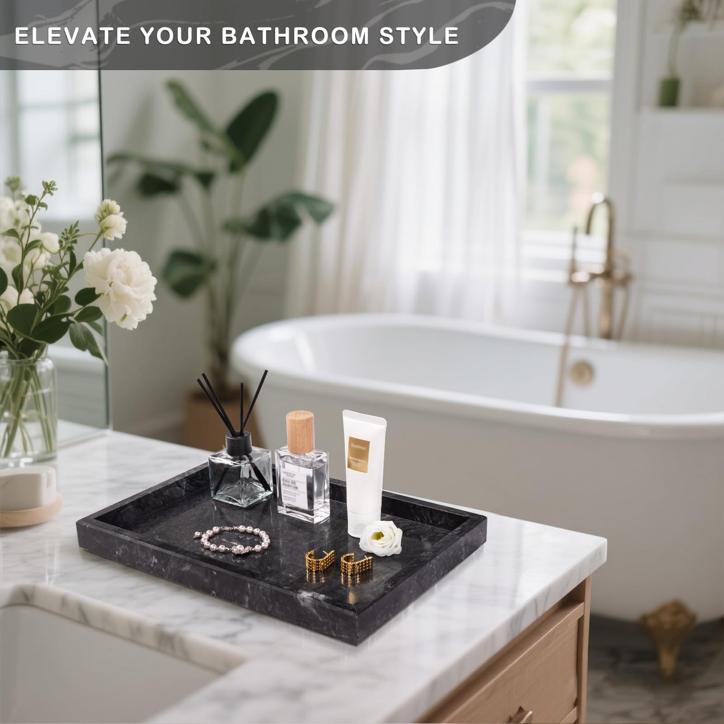 Homaura Marble Bathroom Tray for Countertop & Home Decor, Natural Decorative Marble Tray for Jewelry & Perfume Organizer, Luxury Stone Vanity Trays for Dresser, Kitchen Counter, 12" x 8", Gray Black