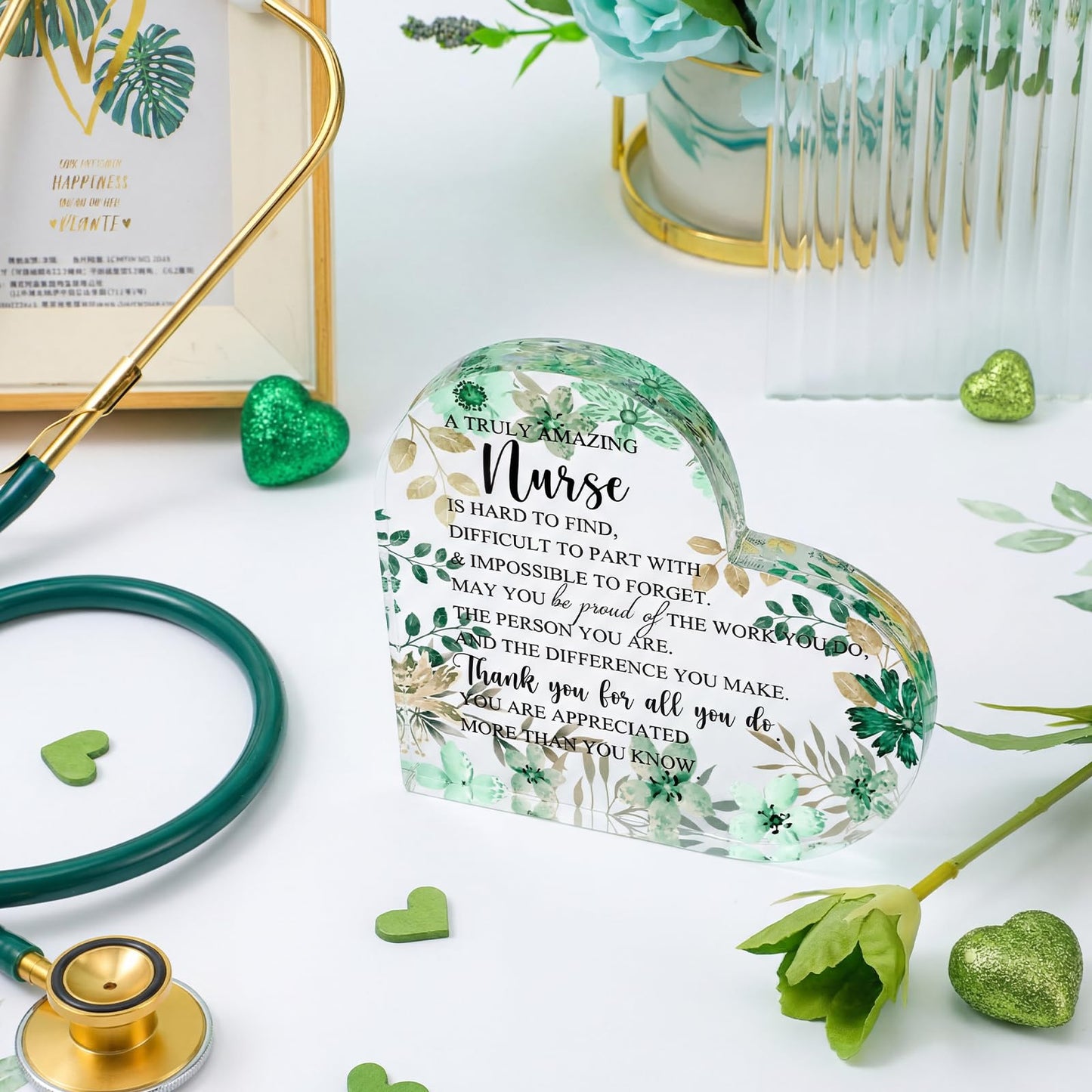 Kathfly Nurse Appreciation Gift for Women, Floral Inspirational Acrylic Sign Prize Thank You Nurse Week for Graduation, Hospital Practitioner Gift for Women Teacher Table Desk Decor(Heart,Green)