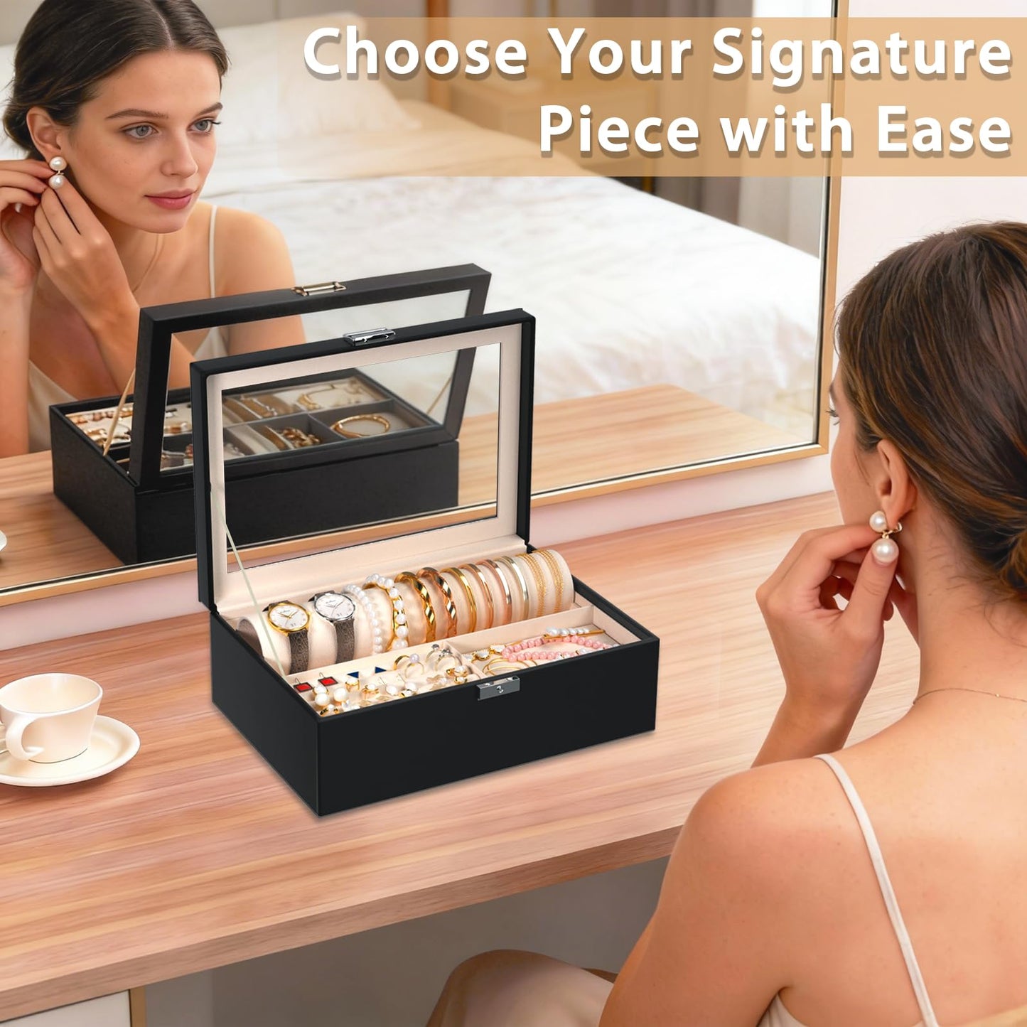 Jolensoy Jewelry Organizer Box with Clear Glass Lid, Bracelet Holder Jewelry Storage Case for Earrings, Rings, Bangles, Watches - PU Leather Jewelry Display Box Gifts for Women Girls, Black