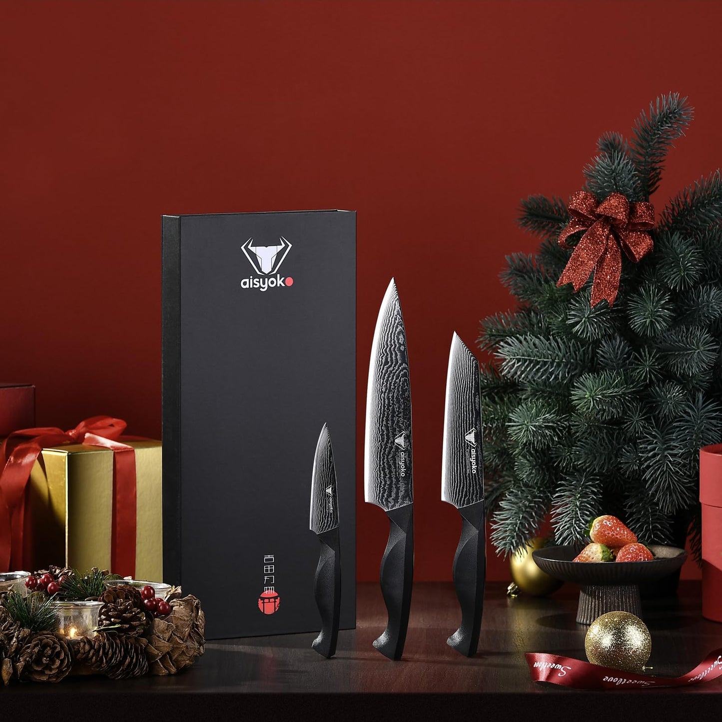 Aisyoko 8C Damascus Knife Set - 3PC Chef's Knife, Kitchen and Paring Knives, High Carbon Stainless Steel, Ergonomic Full Tang ABS Anti-Skid Handle