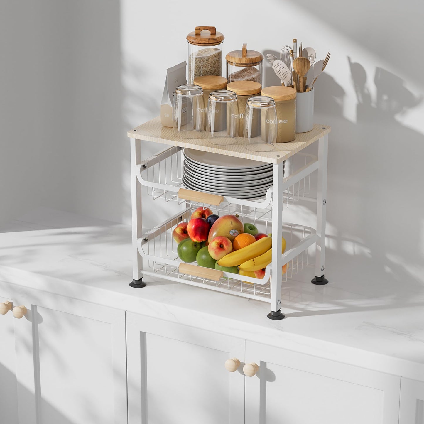 NiuYichee 3-Layer Kitchen Fruit Storage Basket Snack Rack, countertop Storage Rack, Stackable Storage Rack with Desktop, Pull-Out Hollow Metal Storage Basket with Handle, Kitchen Organizers & Storage