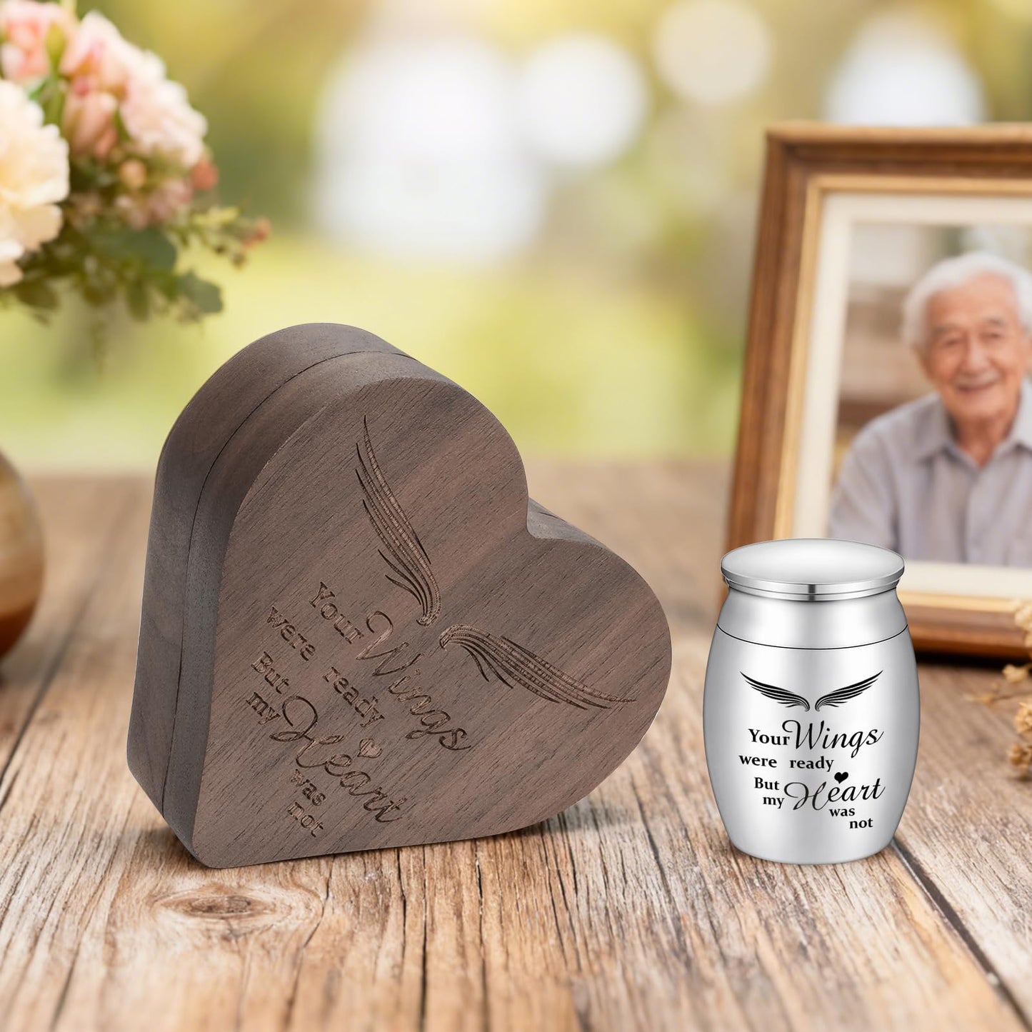Dletay Angel Wing Small Urns for Human Ashes Heart Shaped Wooden Keepsake Box 1.57 Inches Mini Cremation Urns for Women Men Memorial Funeral Urn