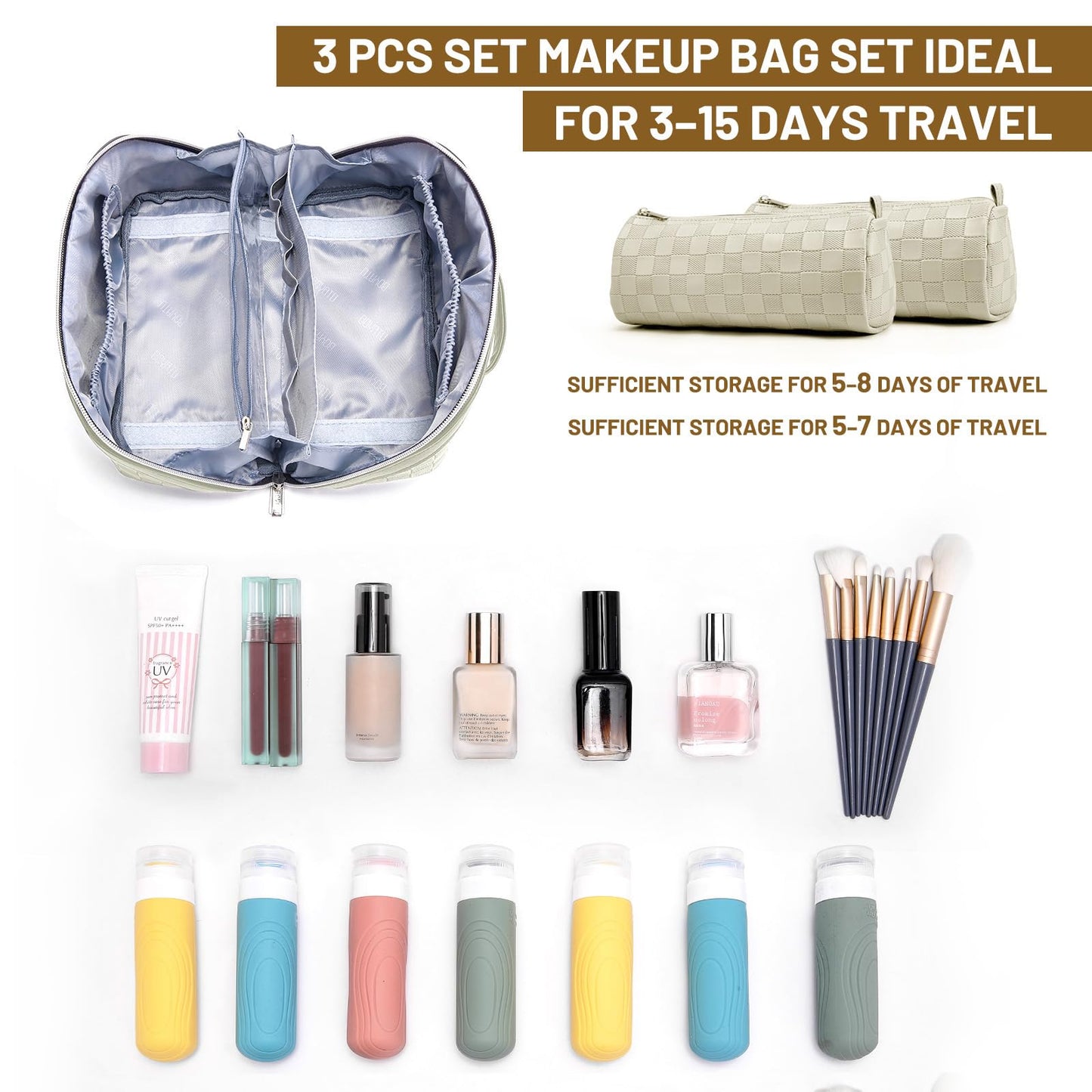 BOYATU Travel Makeup Bag Organizer: 3 Pcs Set Large Capacity Cosmetic Bags Holds 10–20 100ml Full-Size Bottles - 180°Open-Flat Make up Case 3-sec touch-up - Toiletry Bag Gift women (01-D-Beige)