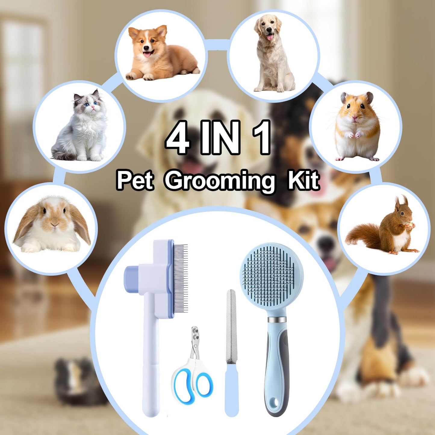 HCHYEY Cat Grooming Kit, 4-in-1 Cat Grooming Tools with Cats Brush, Flea Comb, Nail Clipper & Trimmer - Deshedding & Dematting for Pets Hair and Paws, Pet Shedding Set for Indoor Dogs & Cats (Blue)