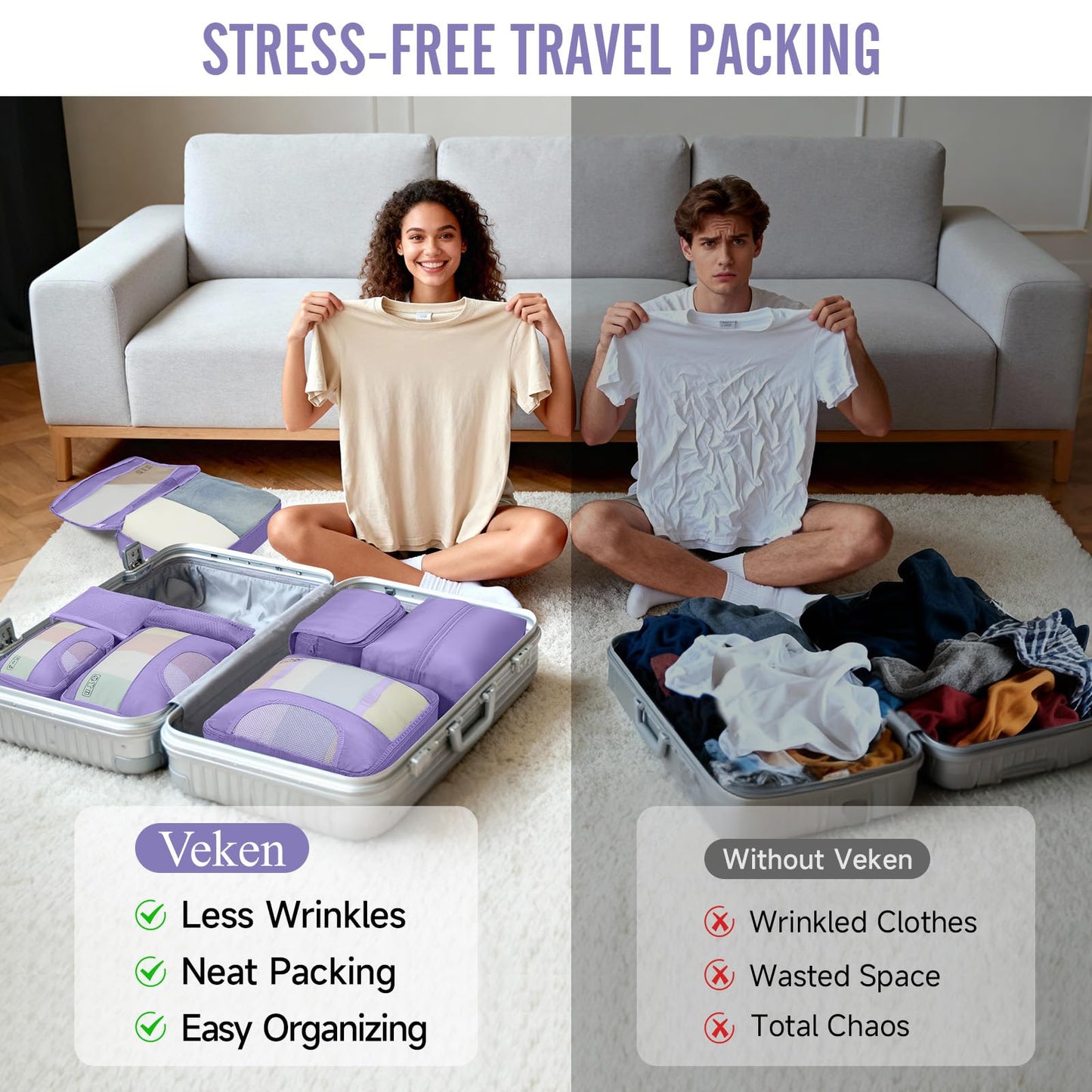 Veken 8 Set Packing Cubes for Travel Essentials, Suitcase Organizer Bags in 4 Sizes, Carry-On Luggage Accessories with Large Laundry & Hanging Toiletry Bag, Must-Have for Airplane, Road Trip & Camping