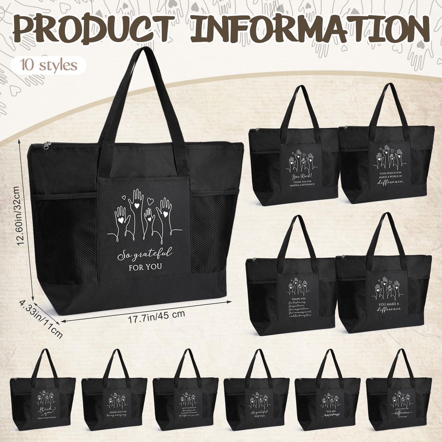 Paterr 10 Pcs Volunteer Appreciation Gifts Bulk Large Tote Bags with Zippered Mesh Pocket Inspirational Gift for Women Men(Black)