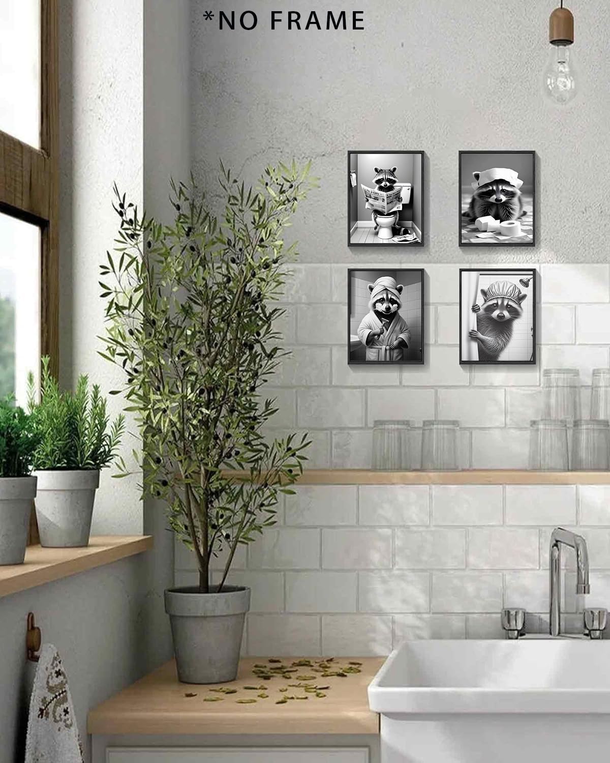 XUCVSPANTING Funny Raccoon Washroom Wall Art,Cut Bathroom Raccoon Sitting on Toilet Reading Newspaper Shaving&Paper Toilet Paper on Head Canvas Posters for Bathroom Washroom Restroom Home Decor