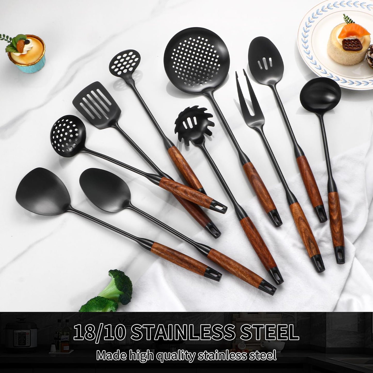Izurok 18/10 Stainless Steel Kitchen Utensils Set,10 Piece Cooking Utensils With Wood Handle,Heat Resistant Kitchen Tool Set With Spatula,Spoon,Ladle,Skimmer,Slotted Turners,Pasta,Turner,Ladl,Fork