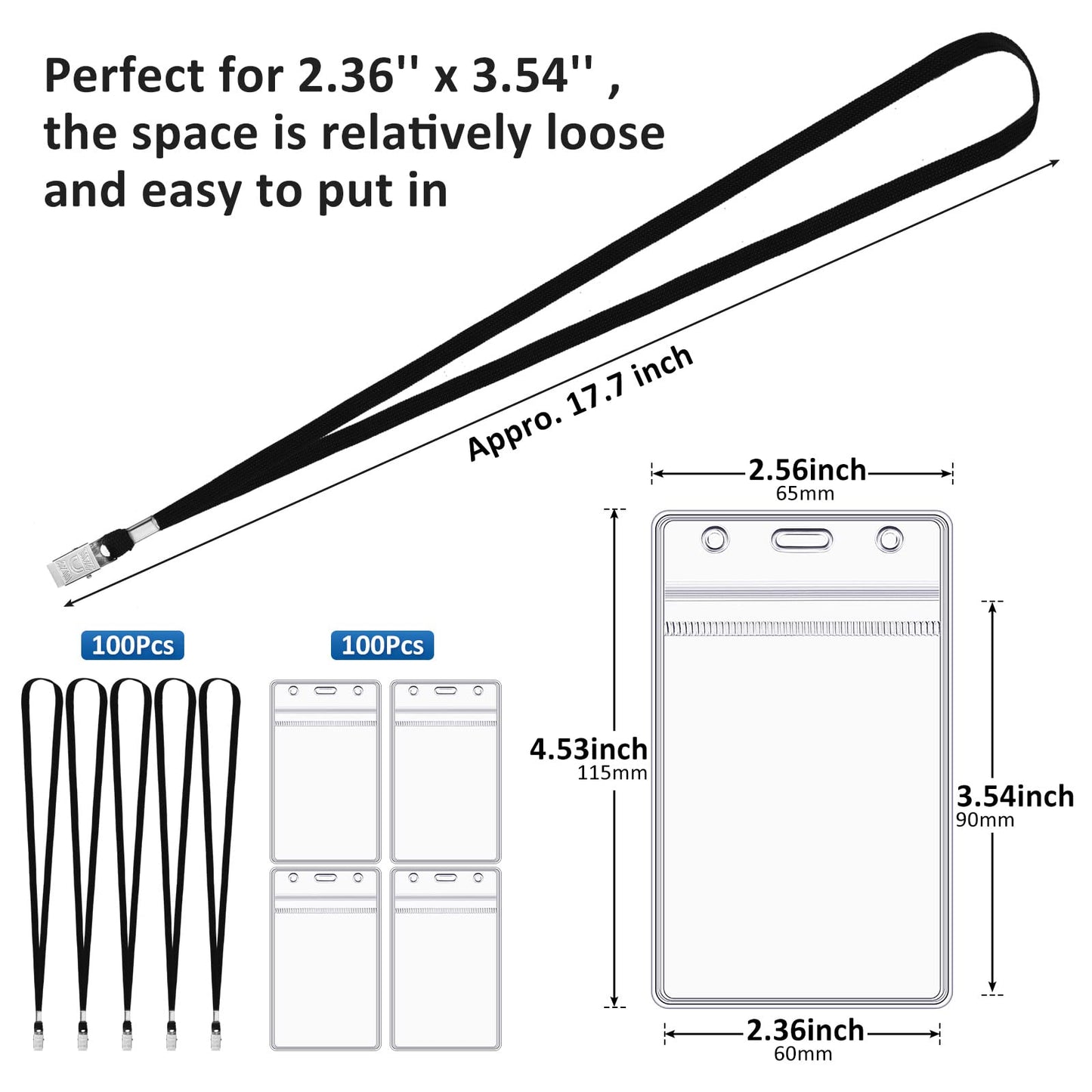 Marspark 200 Pcs ID Badge Holder with Lanyard Lanyards for ID Badges Resealable Flat Neck Name Tag with Clip Waterproof Plastic Clear Badges Bulk for School Office Supplies (Black)