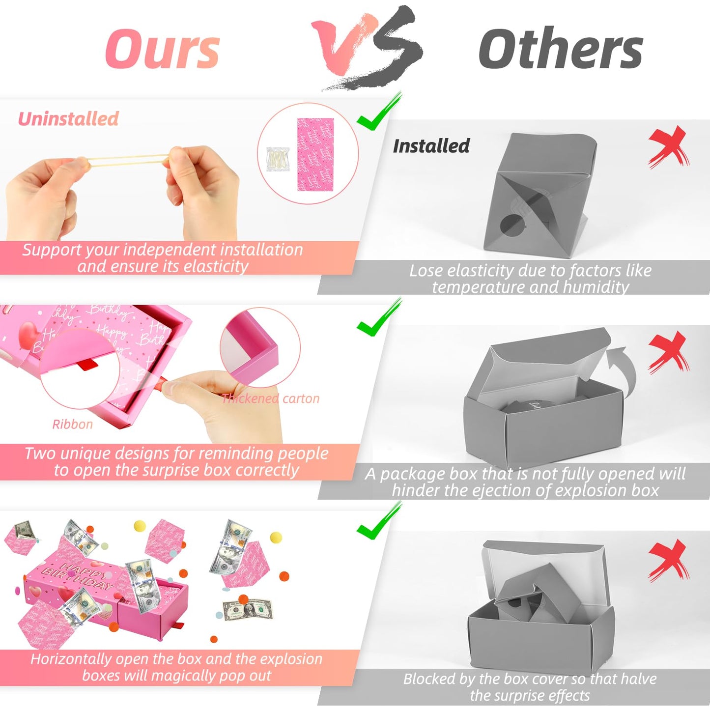 WenmthG Happy Birthday Surprise Gift Box Explosion for Money - DIY Pop Out Folding Bounce Explosion Gift Box with Confetti - Birthday Money Bank - Cash Gift Idea for Women Men Kids (Pink)