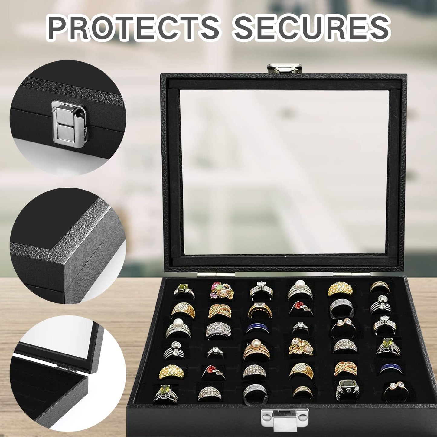Ring Jewelry Organizer Box, 36 Slots Rings Display Storage Case Earring Showcase - Black Velvet Jewelry Stand Holder Tray with Transparent Glass Lid - Ideal Gift for Women Girl
