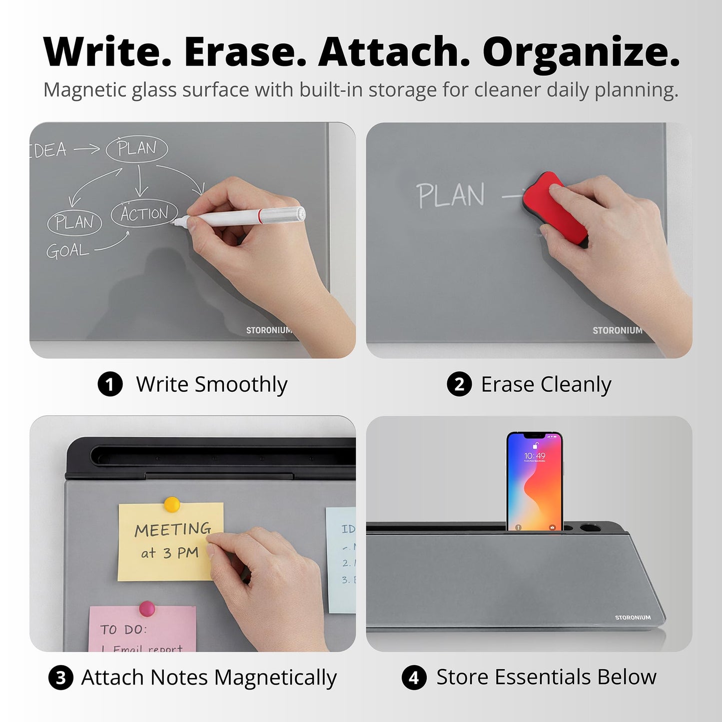 Storonium Glass Desktop Magnetic Whiteboard with Storage, Frosted Glass Dry Erase Board for Desk, Desk Organizer with Strong Magnets and Phone Stand for Home Office and School Supplies