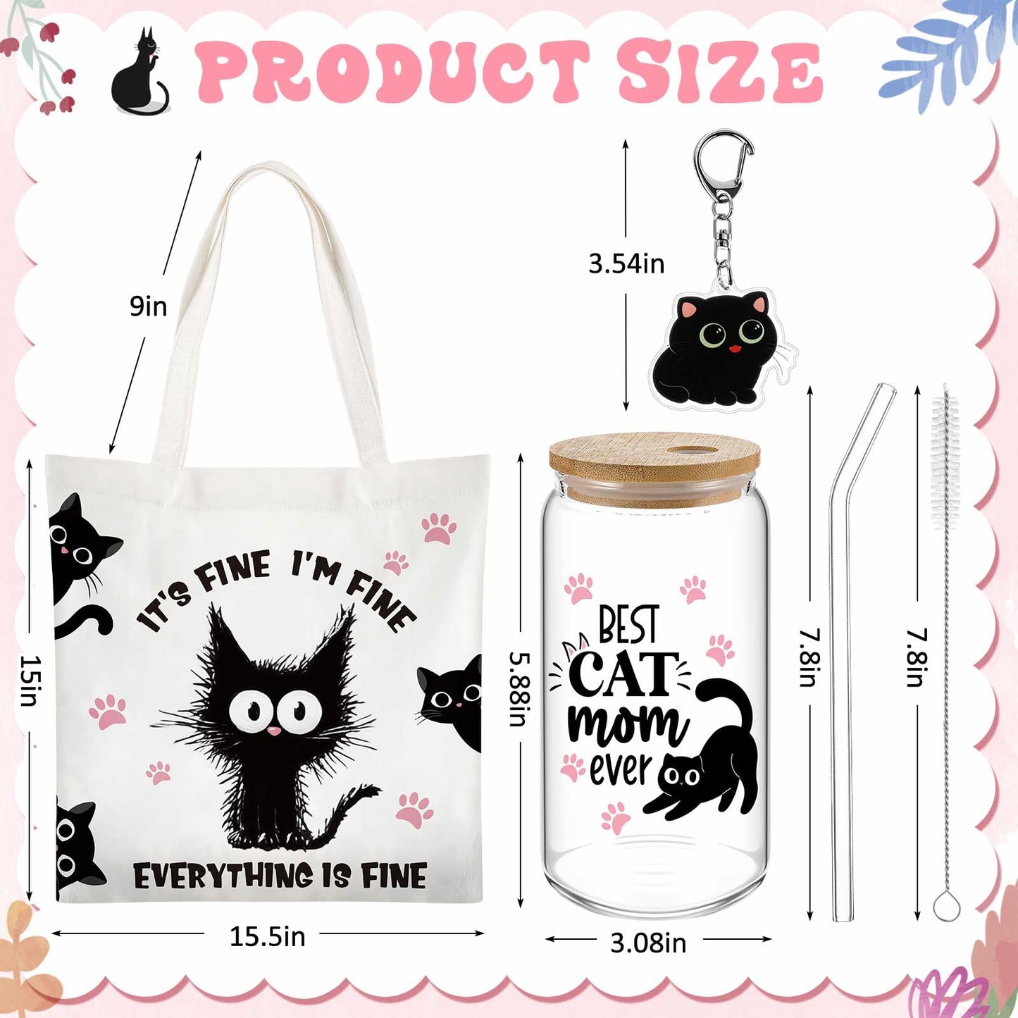 Paterr 4 Pcs Black Cat Gifts for Women, Mother's Day Black Cat Lover Gift for Mom Birthday Decorations, with Canvas Tote Bag 16oz Glass Coffee Cup with Straw Socks Cute Keychain